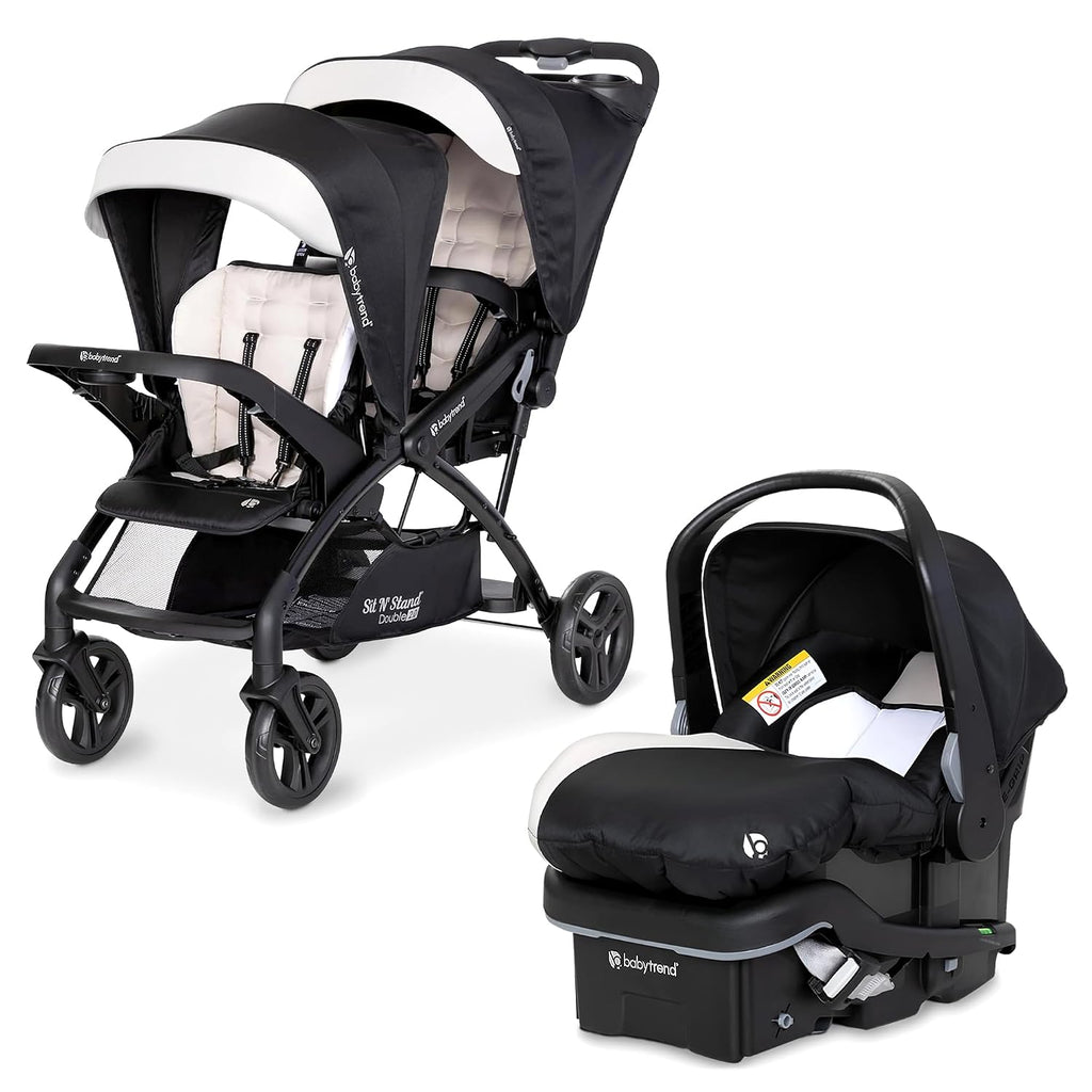 Baby Trend Sit N' Stand Tandem Double Stroller 2.0 DLX and EZ-Lift Plus Car Seat Set with 5 Point Safety Harnesses and Cozy Cover, Modern Khaki