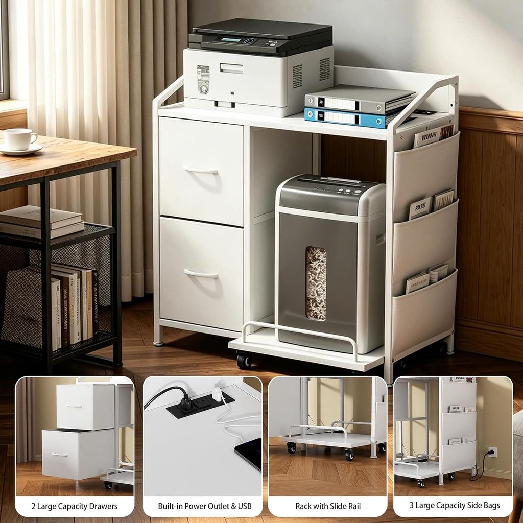 Printer Stand with Storage, Lateral Office Filing Cabinets with Power outlets & USB Charging Port, File Cabinet with Large Printer Stands for Home Office, Shredder Stand Rack (White)