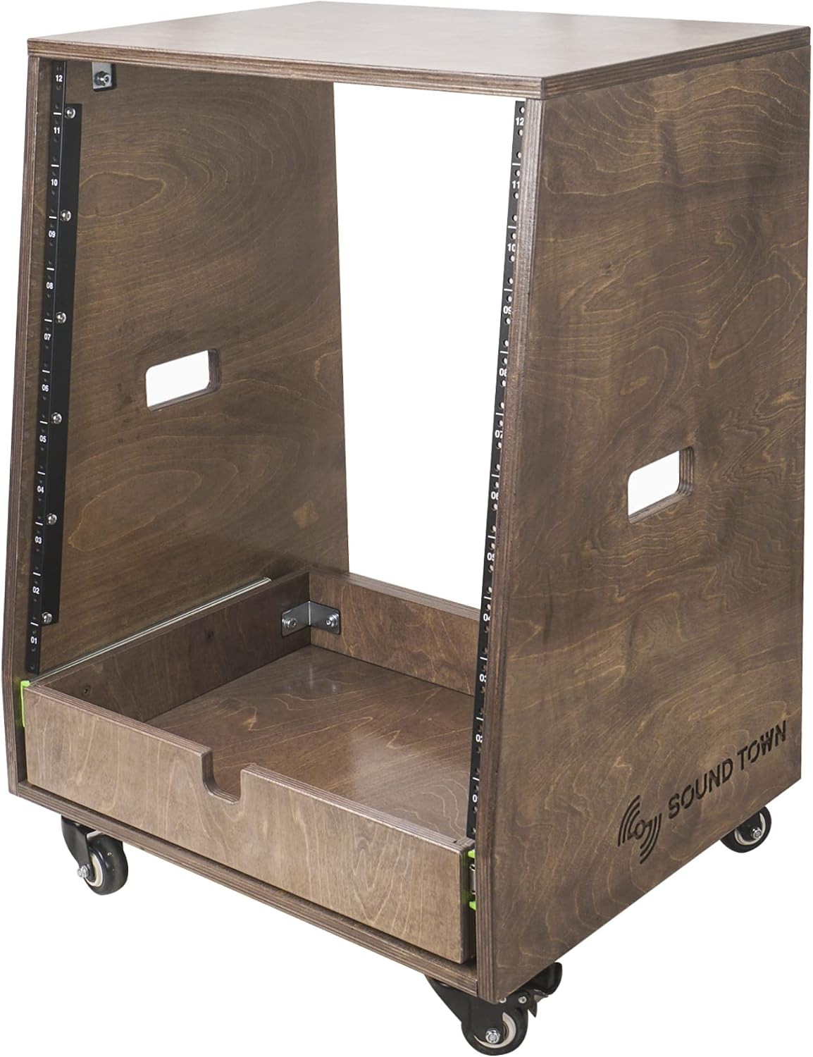 Sound Town 12U DIY Solid Baltic Birch Plywood Slanted Studio Rack with 12U Rack Space, Extra 2U Drawer, Rubber Feet, Casters, Weathered Brown (SDRK-12TBD2)