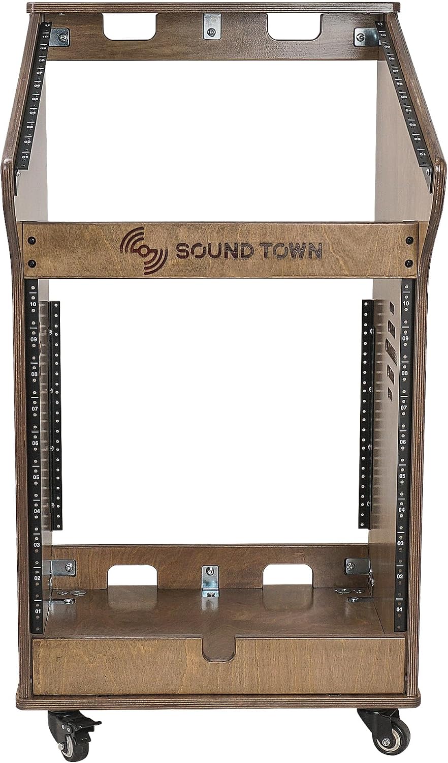 Sound Town DIY Studio Rack with 11U Slant Mixer Top, 10U Front Rack, 2U Bottom Storage, Casters, Rubber Feet, Baltic Plywood, Weathered Brown (SDRK-M11X12B)