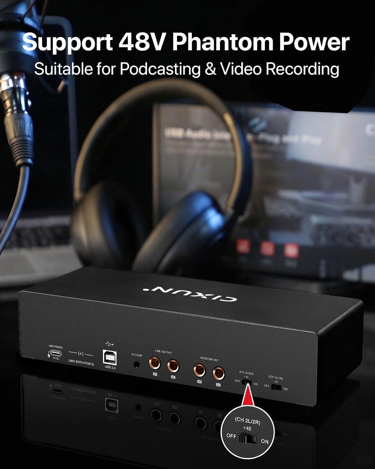 4x4 USB-C Audio Interface for PC & Mac - 24-bit/192kHz Studio Recording, 4 Combo Inputs (XLR/TRS), 4 TRS Outputs, 48V Phantom Power, FX Effects for Podcast/Streaming (Matte Black)