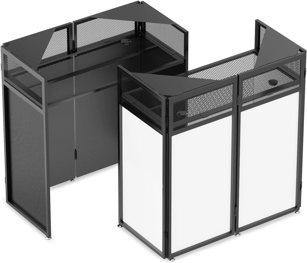 YooKoo Foldable DJ Booth with Two Top Trays, Tool-Free Assembly, DJ Table with White & Black Scrims, Metal Frame DJ Facade, DJ Stand with Cable Hole and Carry Bag, for Parties & Events & Small Studios