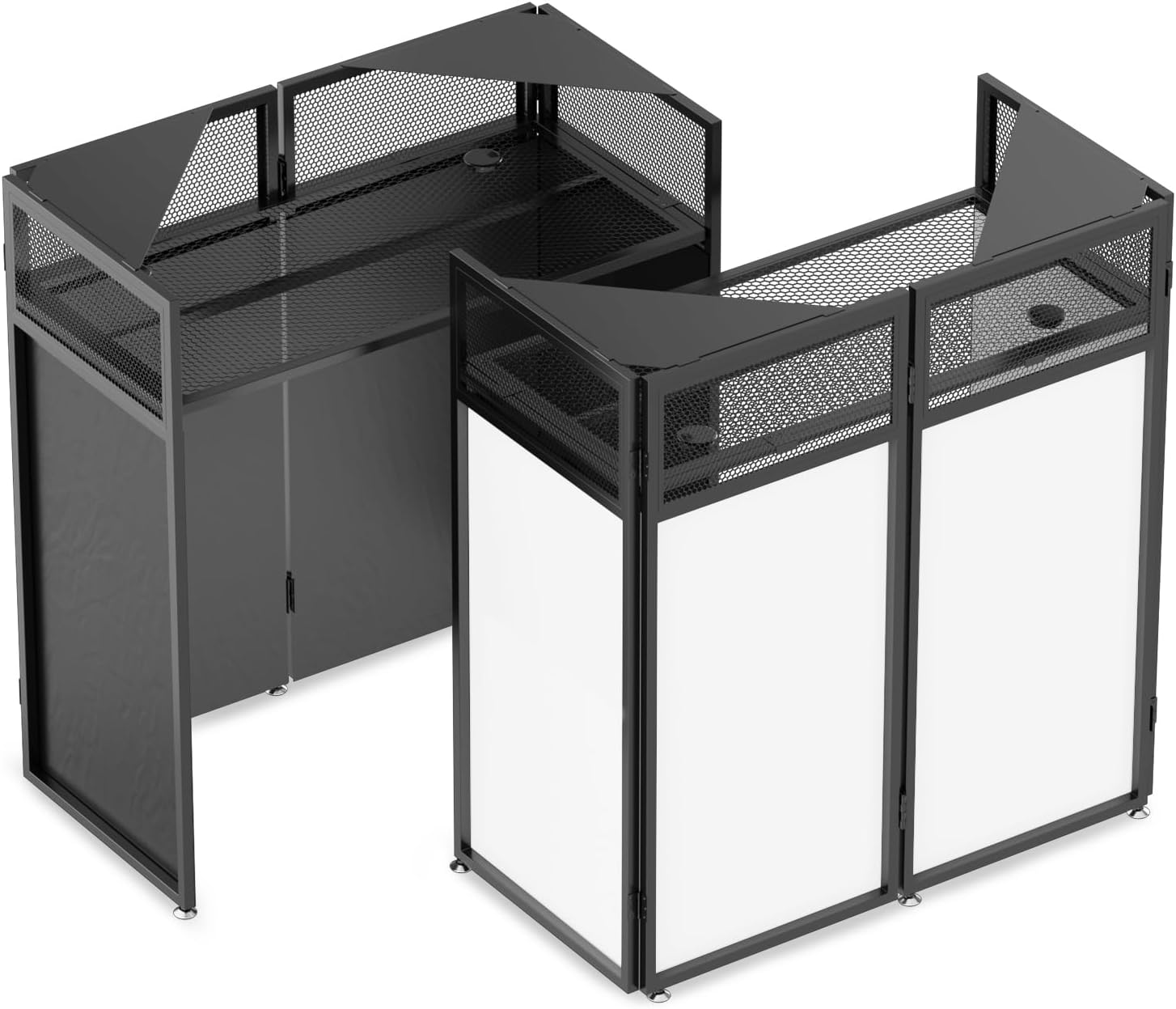 YooKoo Foldable DJ Booth with Two Top Trays, Tool-Free Assembly, DJ Table with White & Black Scrims, Metal Frame DJ Facade, DJ Stand with Cable Hole and Carry Bag, for Parties & Events & Small Studios
