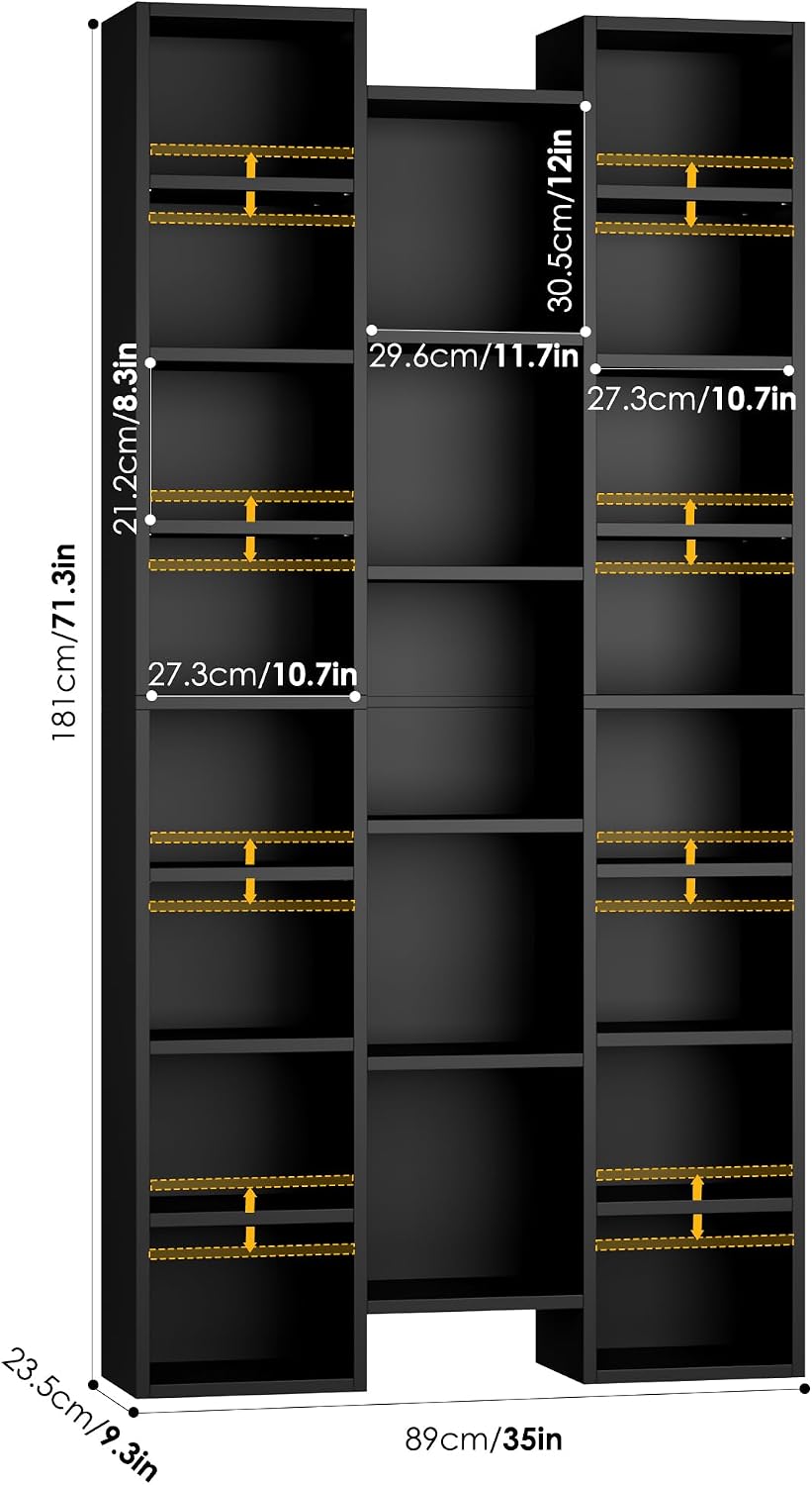 FOTOSOK 71'' Tall Bookshelf with 21 Cubes, 8 Tier Triple Wide Black Bookshelf with 8 Adjustable Shelves, 35' Large Bookcase DVD/CD Media Tower Storage, Freestanding Display Shelf Cabinet, Black