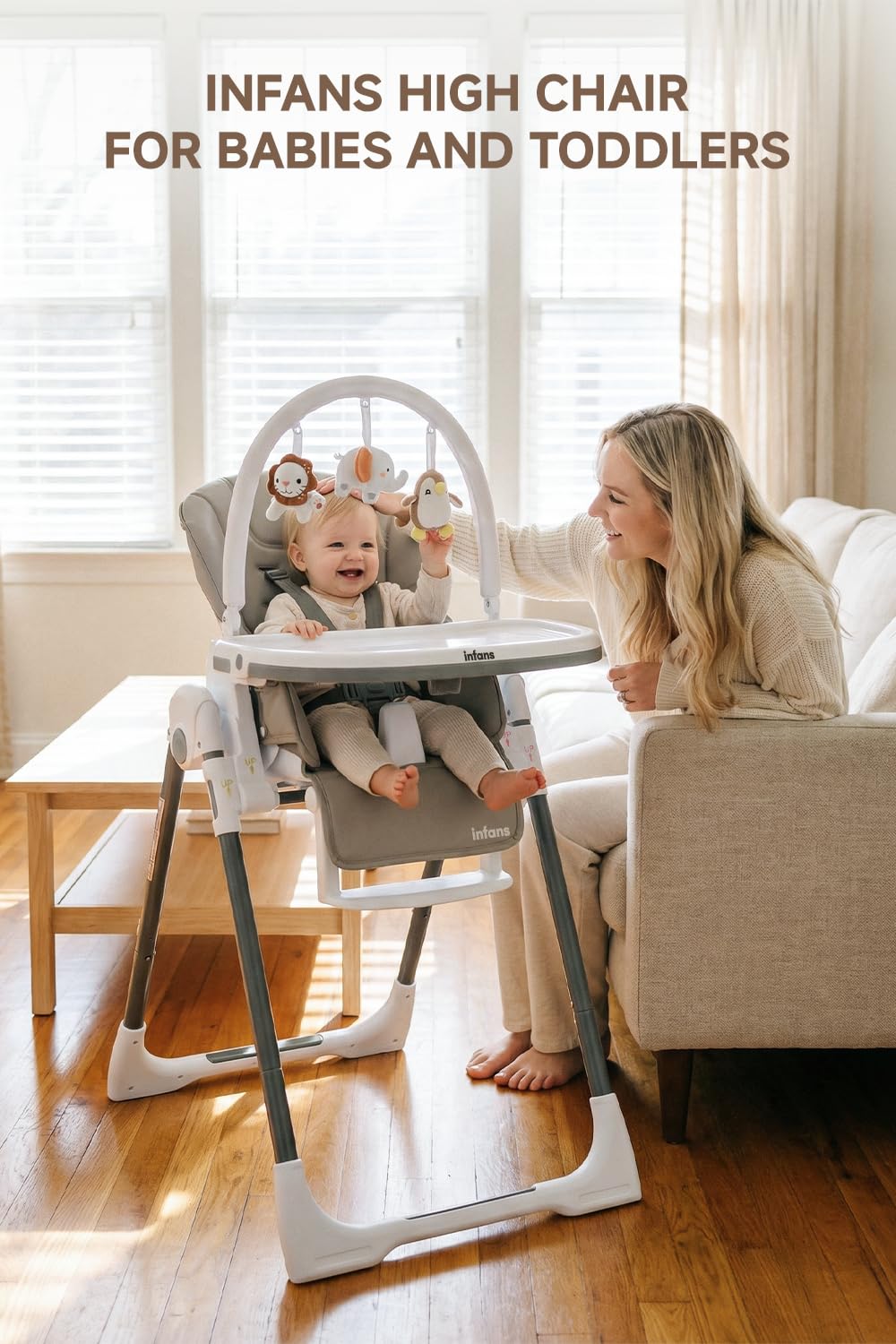 INFANS High Chair for Babies and Toddlers, Foldable Highchair with 7 Different Heights 4 Reclining Backrest Seat 3 Setting Footrest, Removable Tray Built-in Rear Wheels with Locks
