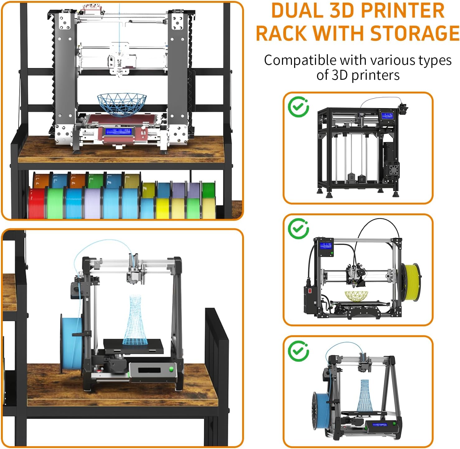 3D Printer Table with Filament Storage 3D Printer Stand with Power Outlet,Heavy Duty 3D Printer Desk for ABS, PLA, TPU Filament Spools, Home Offices and Studios Retro Brown