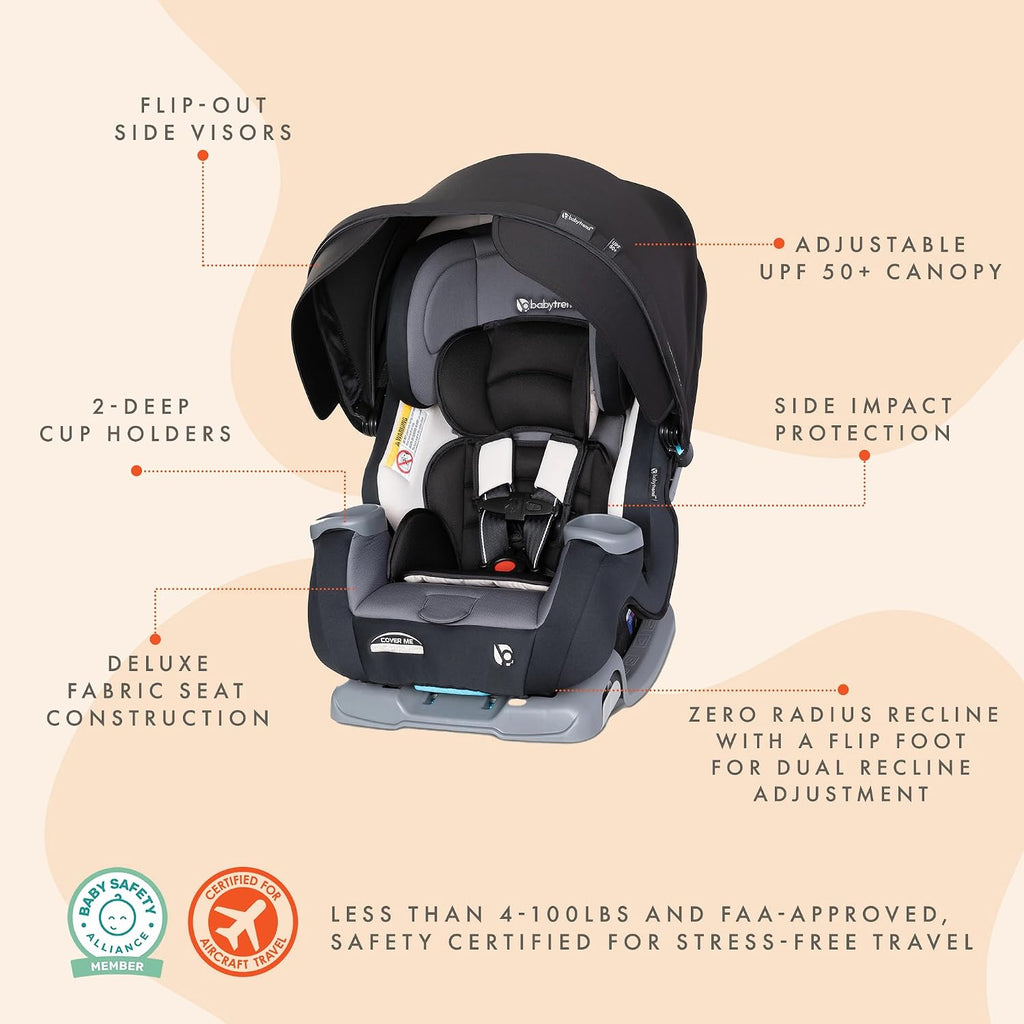 Baby Trend Cover Me 4-in-1 Infant Toddler Convertible Car Seat with Adjustable/Removable Canopy for Sun Protection & 2 Cup Holders, Black