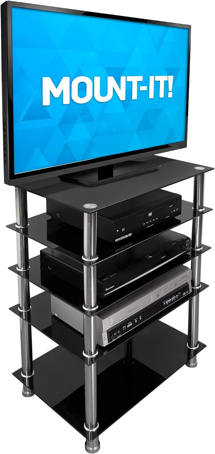 Mount-It! Tempered Glass AV Component Media Stand, Audio Tower and Media Center with 5 Shelves, 220 Lbs Total Capacity, Black Shelves Chrome Legs (MI-8671)