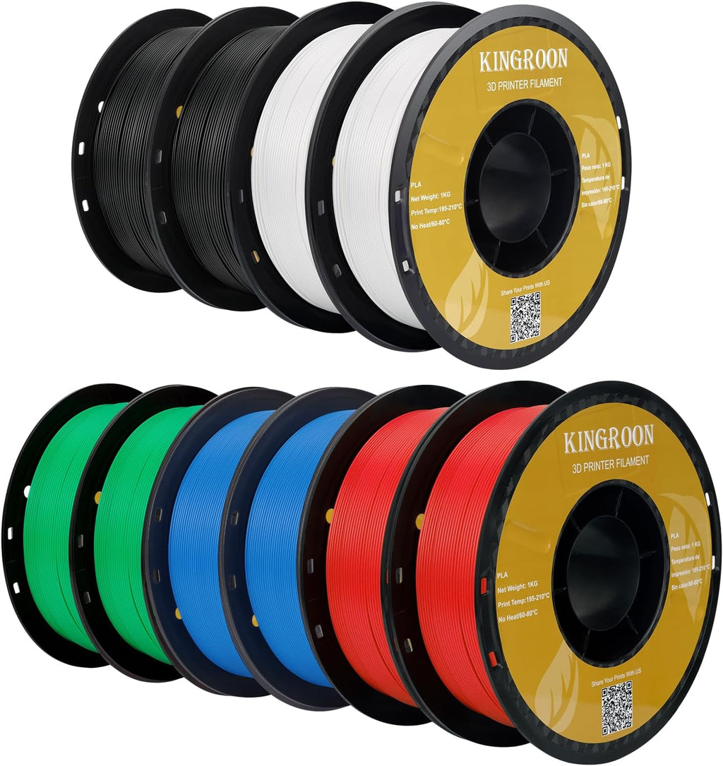 Kingroon PLA 3D Printer Filament,10 Rolls, Dimensional Accuracy +/- 0.03 mm, 10kg Spool(22lbs),1.75 mm,2Black+2White+2Green+2Red+2Blue