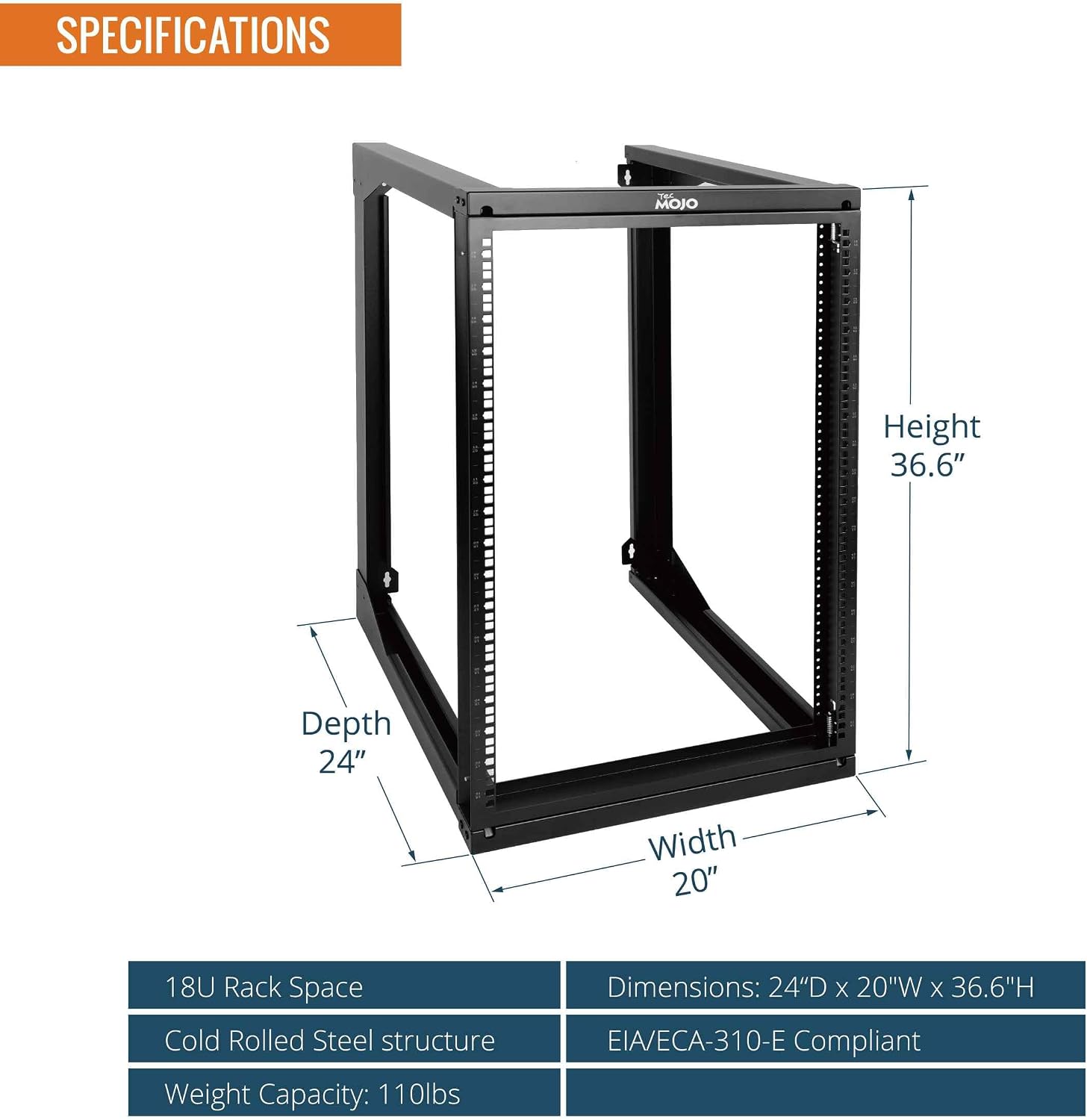 Tecmojo 18U Wall Mount Server Rack, Open Frame Network Rack for 19' Computer/AV/Data/IT/Media Equipment, 24' Depth, 16' Apart Mounting Holes, Swing Gate, Square and Tapped Holes