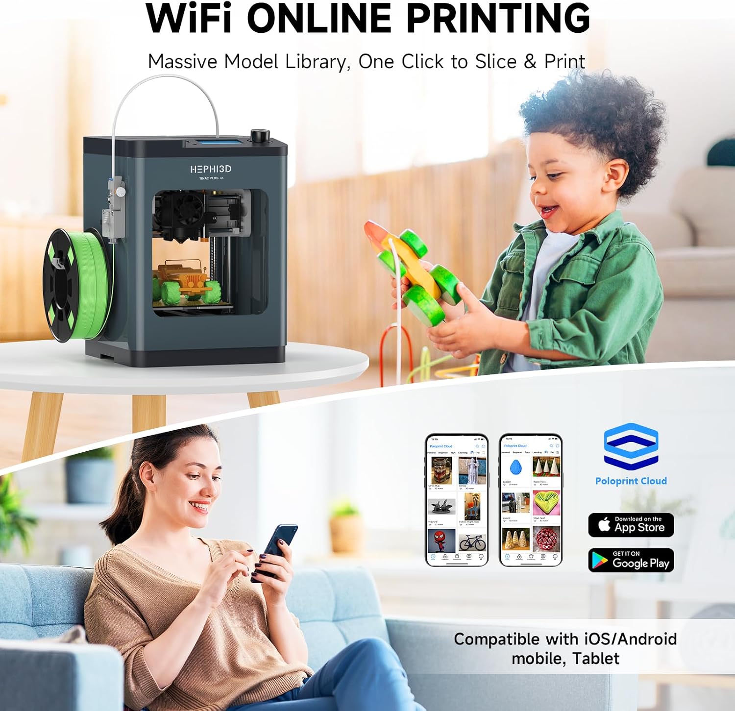 TINA2 Plus 3D Printer with WiFi Cloud, HEPHI3D DIY 3D Printers 250mm/s High Speed, Auto Leveling Mini 3D Printer for Beginners and Kids, Fully Assembly 3D Printers Open Source for Home, Office, School