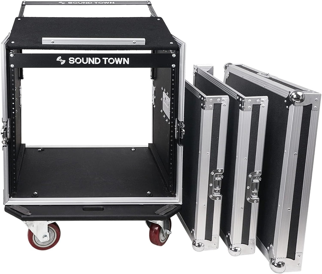 Sound Town High-Quality 1/2' (12mm) Plywood 10U PA DJ Pro Audio Rack/Road ATA Case with 11U Slant Mixer Top, Locking Drawer, 20'' Rackable Depth and Casters (STMR-10D2)