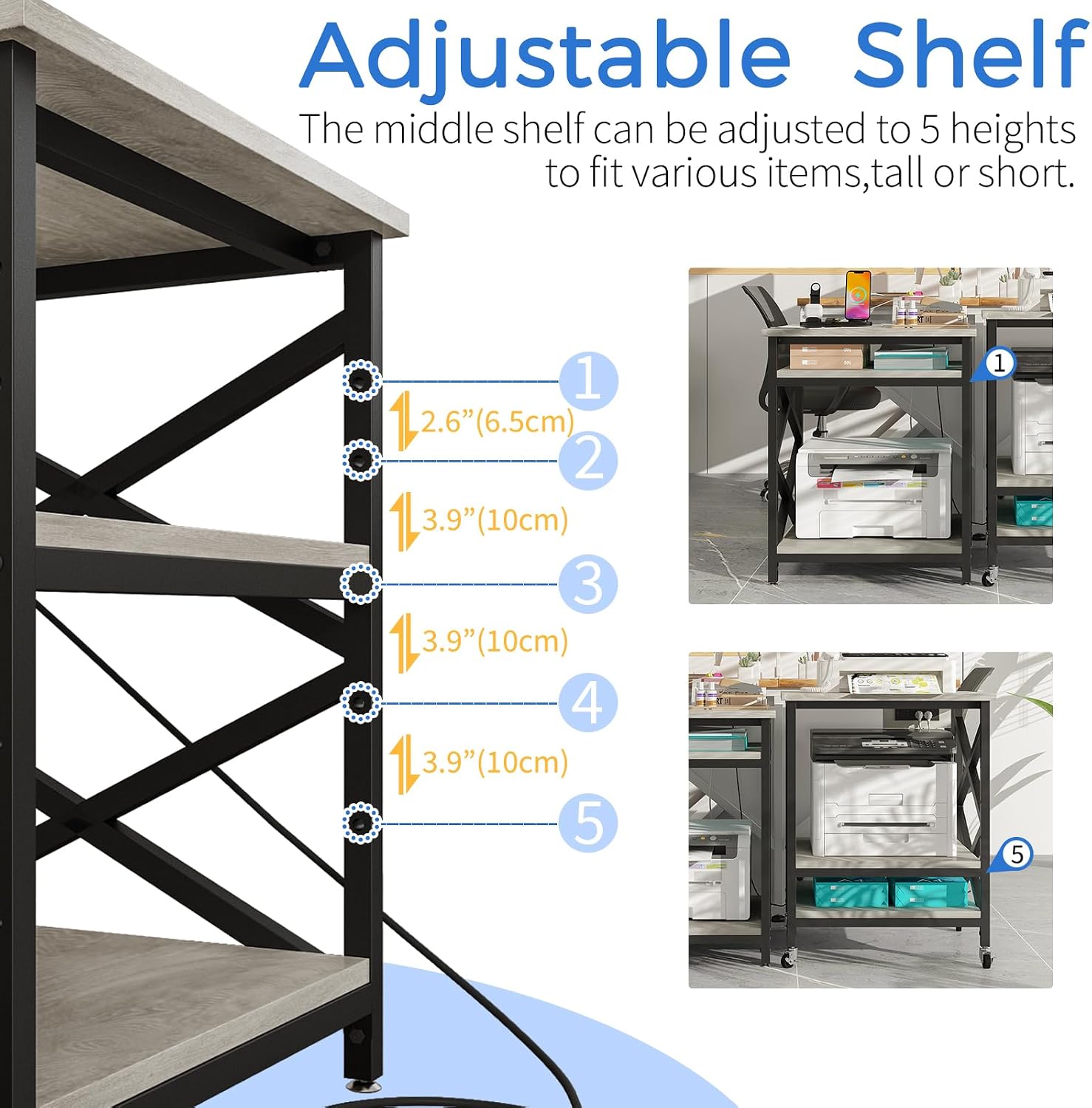METYERRY Large Printer Stand with Power Outlet, with Height Adjustable Storage Shelf, 3 Tier Rolling Printer Cart with Industrial Wheels, 23.6 x 23.6 Inches Printer Table for Home Office, Greige