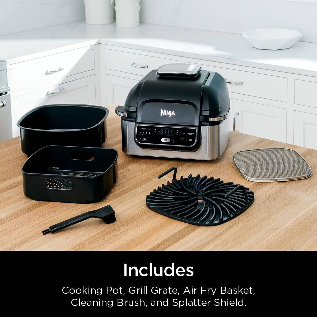 Ninja | Indoor Grill | Foodi | 5-in-1 (Grill, Air Fry, Roast, Bake, and Dehydrate | Fits up to 3lb Roast | Smoke Control System and Dishwasher Safe Parts| Black/Grey | AG301