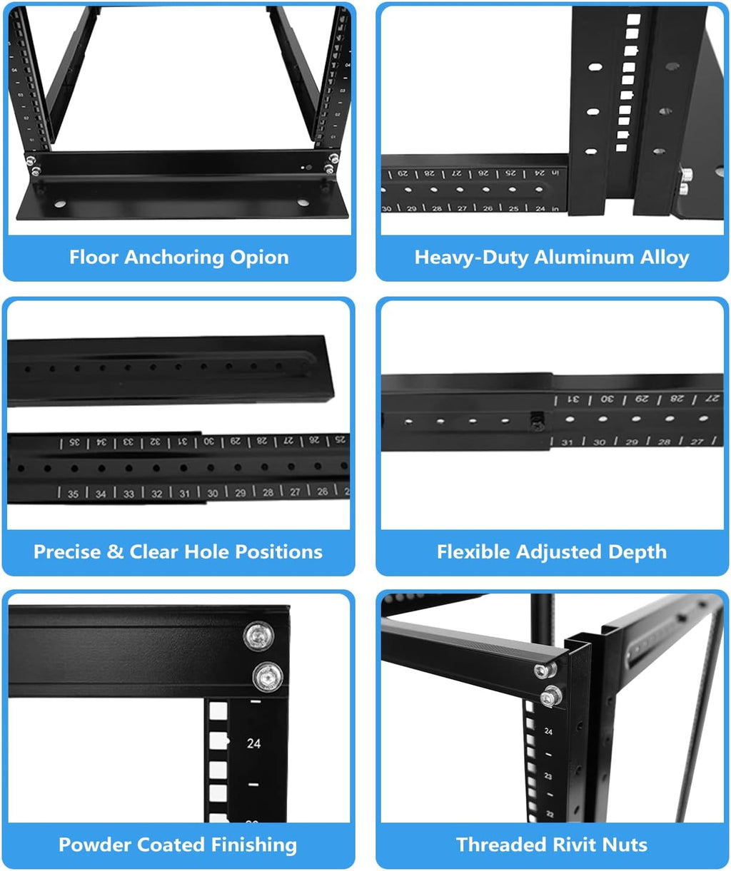 Raising ELECTRONIS 24U 4 Post Open Rack Frame Rack Enclosure 19 Inch Adjustable Depth Aluminum UL Certified
