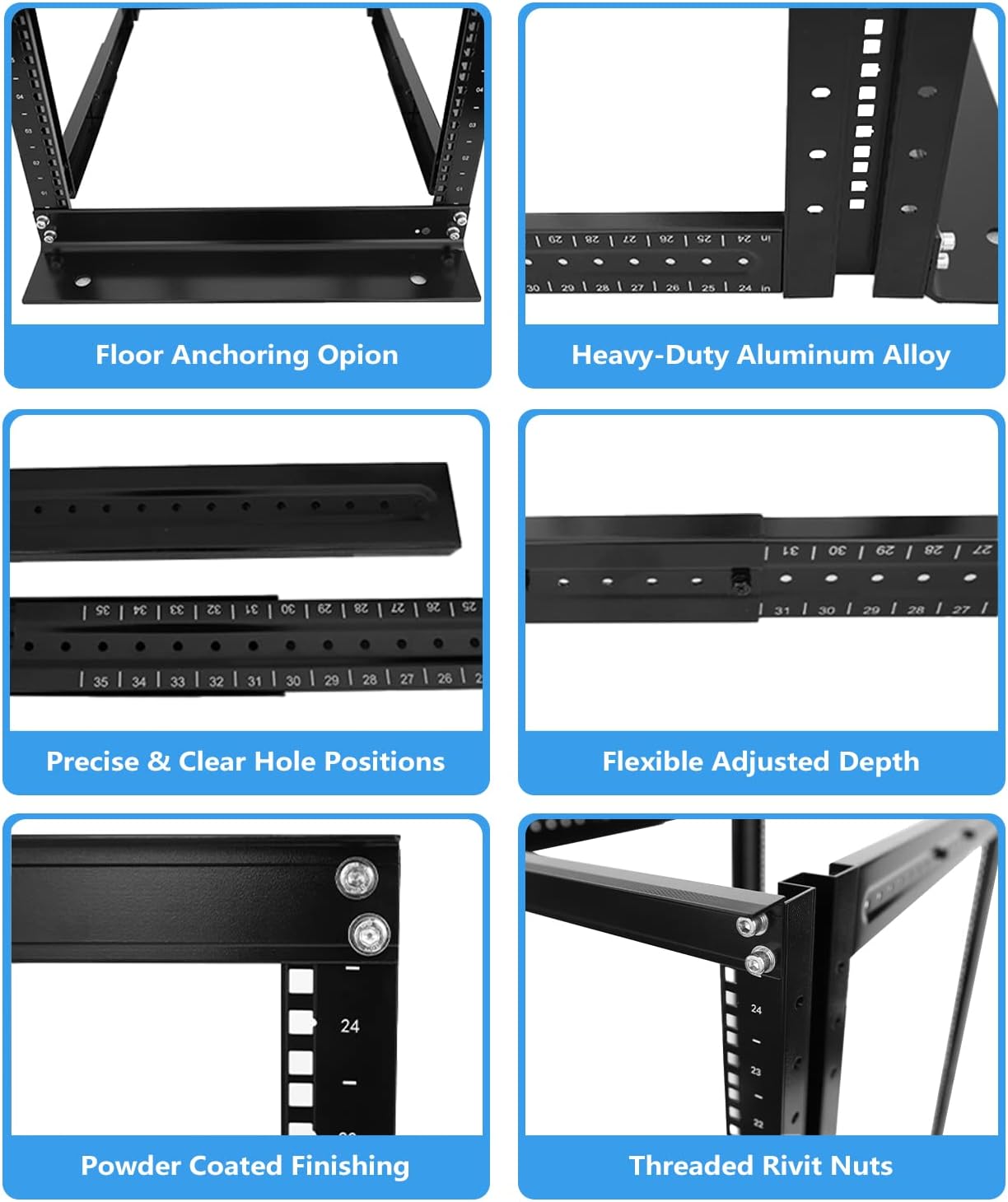 Raising ELECTRONIS 24U 4 Post Open Rack Frame Rack Enclosure 19 Inch Adjustable Depth Aluminum UL Certified