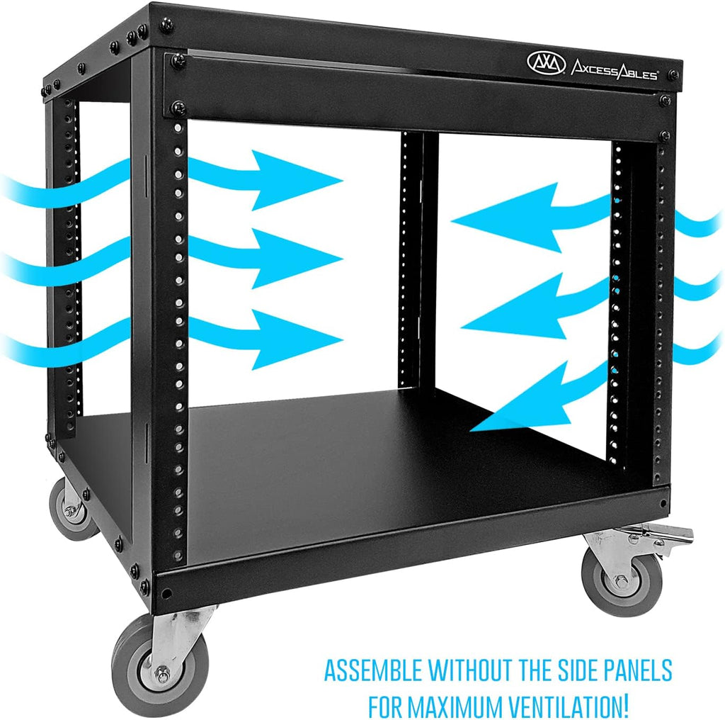 AxcessAbles 8U 19' Homelab Server Rack | 550-LB Capacity | Open Frame with Removable Side Panels | Rolling Rack Cabinet w/Locking 3' Casters | Network, AV & Studio Gear | Includes 5mm & 6mm Screws