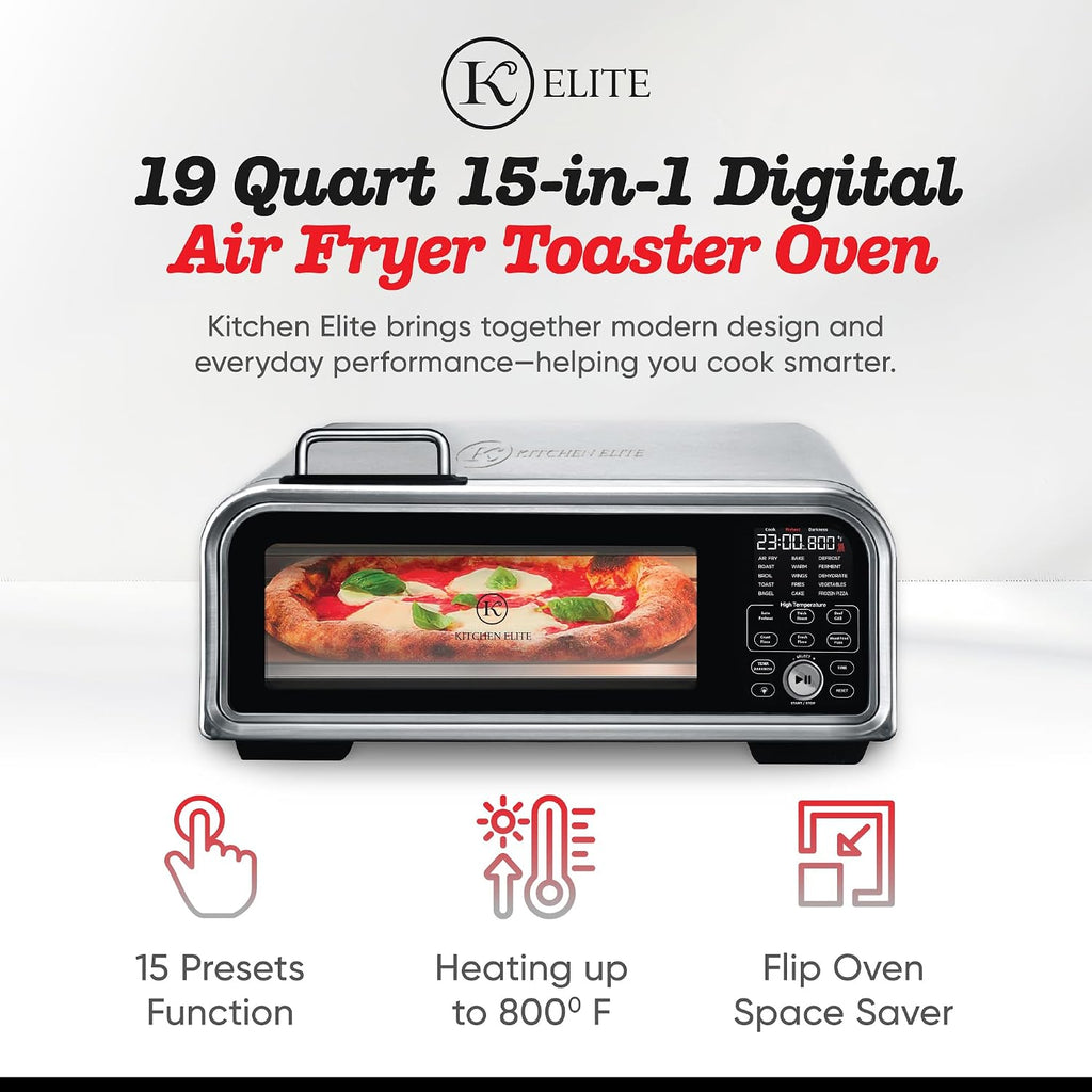 Kitchen Elite 15 in 1 Digital Toaster Oven Air Fryer Combo with Touch Panel and 12 Inch Pizza Capacity, Stainless Steel, Silver