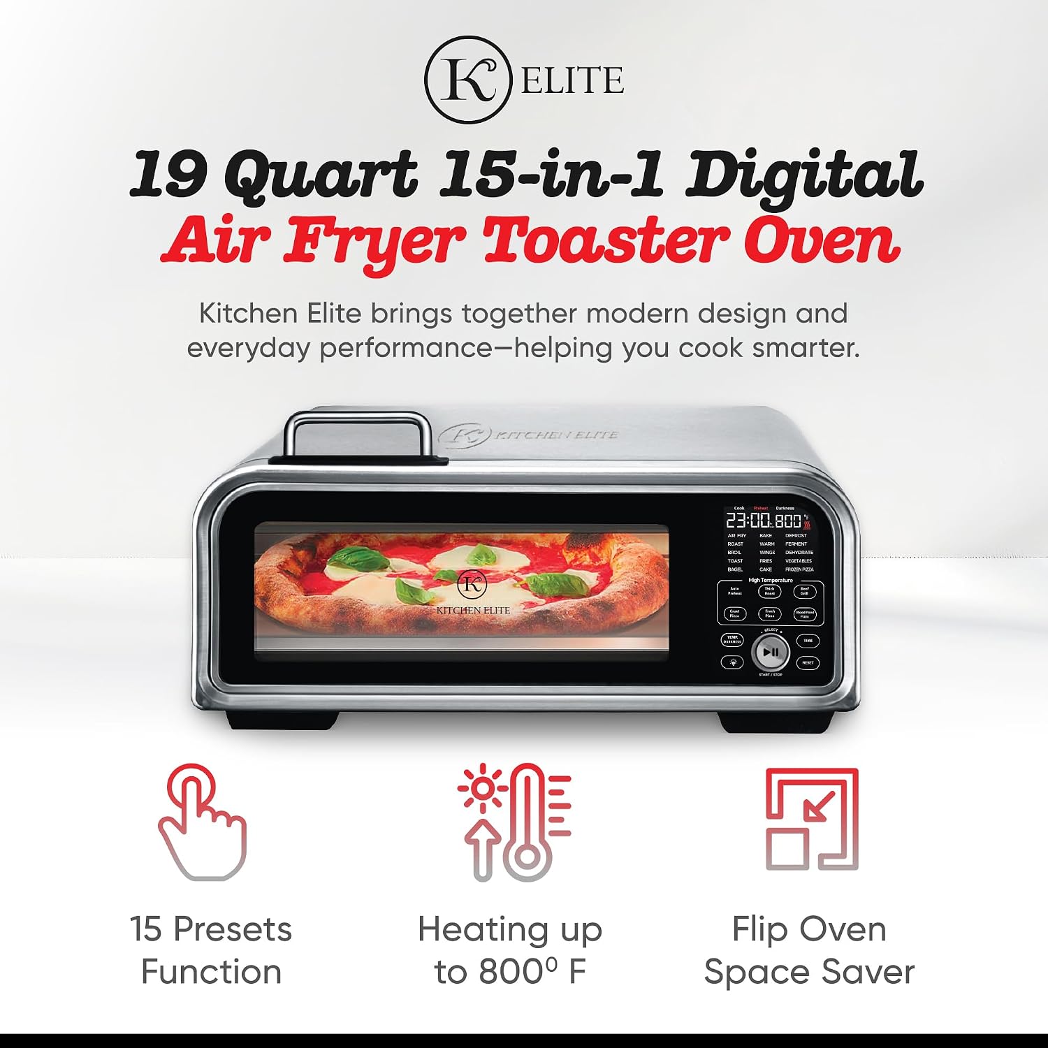 Kitchen Elite 15 in 1 Digital Toaster Oven Air Fryer Combo with Touch Panel and 12 Inch Pizza Capacity, Stainless Steel, Silver