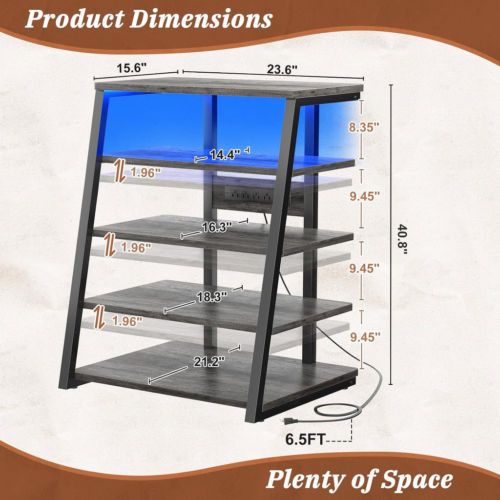 Armocity 5-Tier AV Media Stand with Power Strips, Media Console with LED Lights, Audio Tower Rack with Adjustable Shelves, Stereo Stands and Racks, 40.8'', Grey Oak