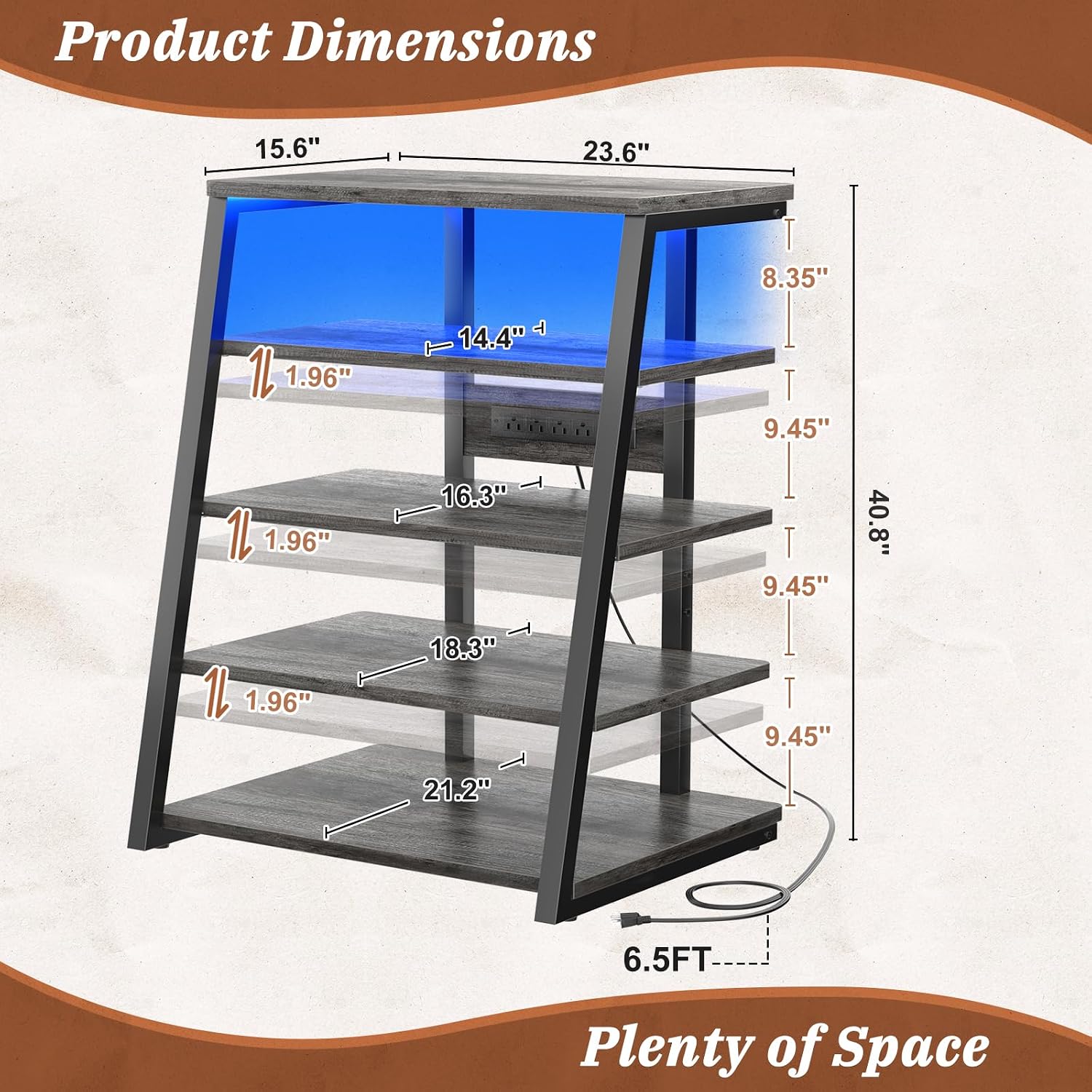 Armocity 5-Tier AV Media Stand with Power Strips, Media Console with LED Lights, Audio Tower Rack with Adjustable Shelves, Stereo Stands and Racks, 40.8'', Grey Oak