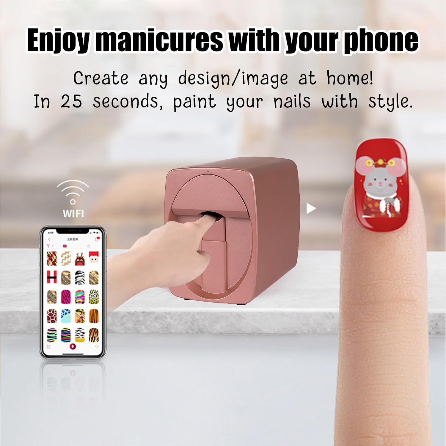Nail Art Printer, Intelligent 3D Nail Painting Machine, Portable Digital Mobile Art Printer, Support WiFi/DIY, Professional Equipment for Beauty & Personal Care, Girls' Home Nails Rosegold