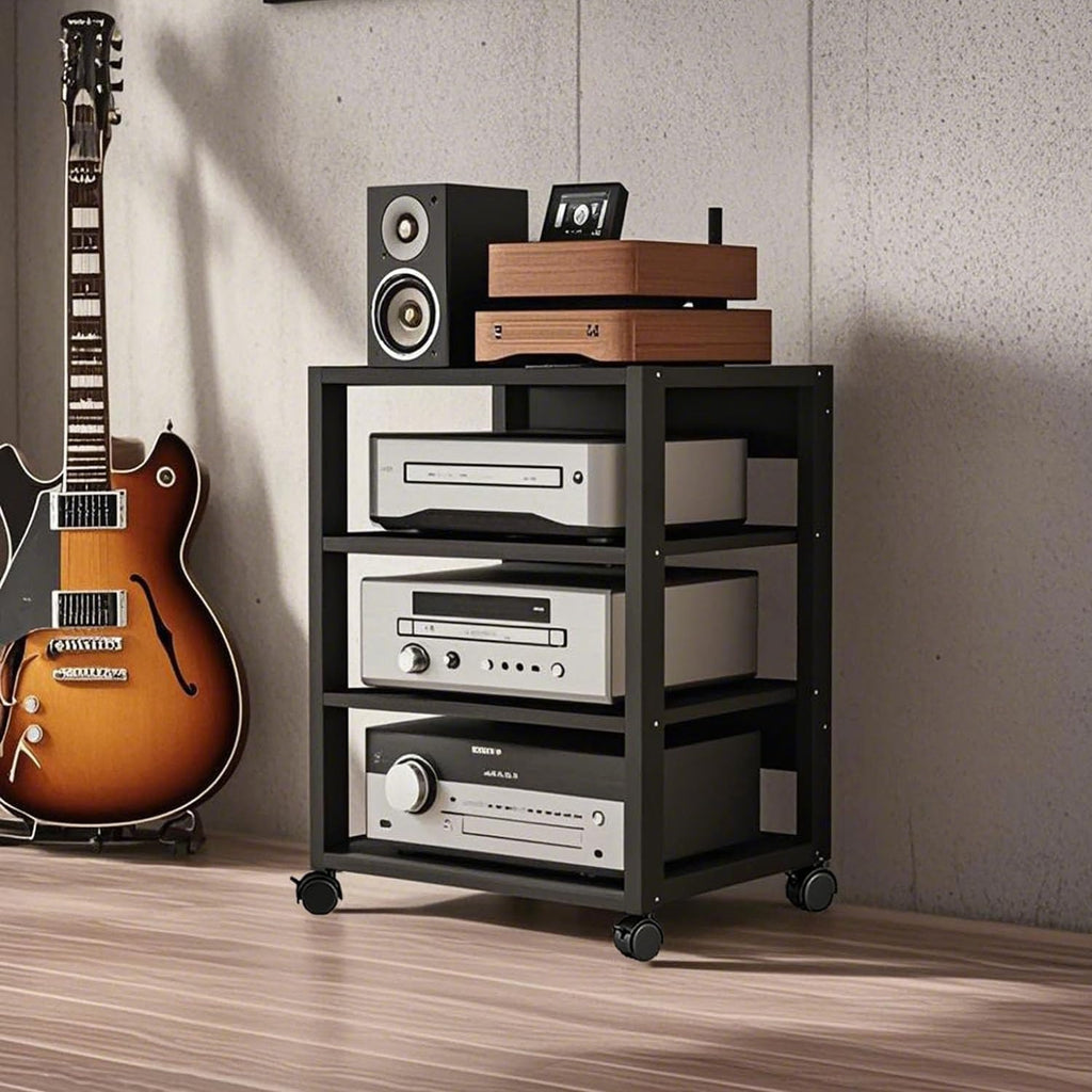 4 Tier AV Media Stand, Audio Rack Tower Stereo Components Cabinet, Home Theatre CD Record Player Stereo Receiver Equipment Rack with Adjustable Wood Shelves, Load 220lbs (Black)