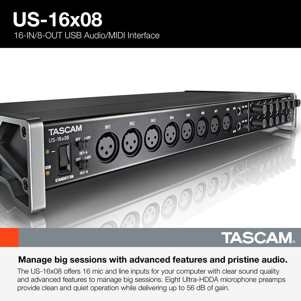 Tascam US-16x08 Rackmount USB Audio/MIDI Interface for Recording, Drum Recording, 8 XLR/8 1/4' Inputs, 8 Outputs, Control Software,Black