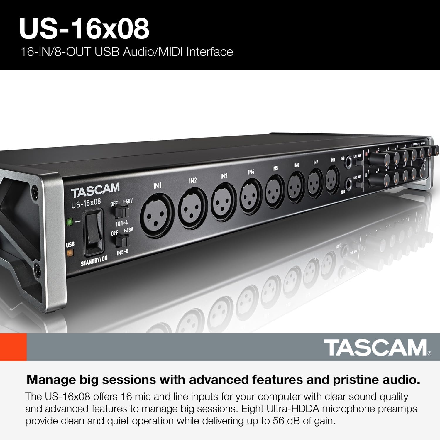 Tascam US-16x08 Rackmount USB Audio/MIDI Interface for Recording, Drum Recording, 8 XLR/8 1/4' Inputs, 8 Outputs, Control Software,Black