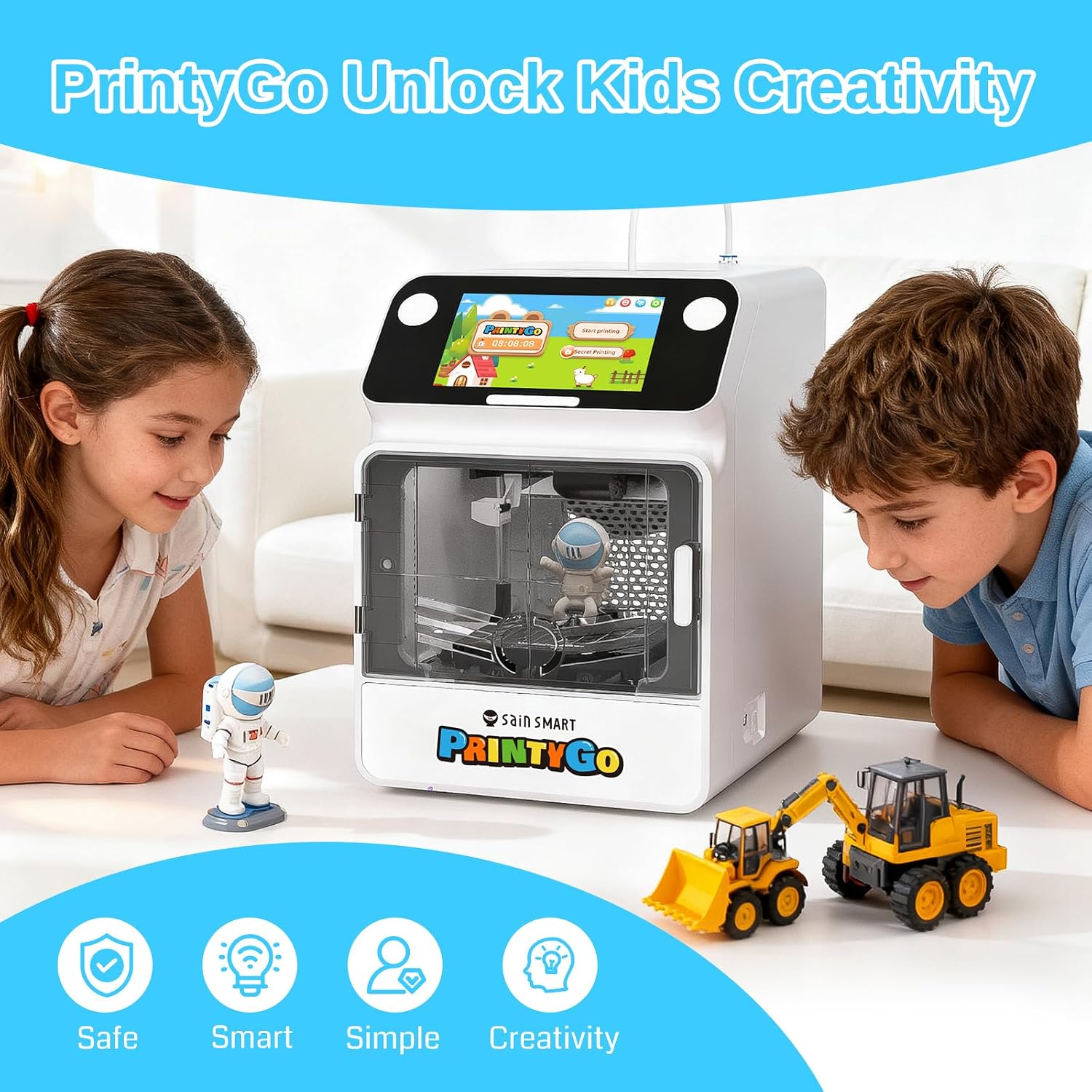 SainSmart PrintyGo Mini 3D Printer for Kids, 600mm/s Auto Leveling Printer for Beginners with 5' Touch Screen, 1500+ Models, Child-Safe Design, Wi-Fi/App Control, Pre-Assembled for STEM Learning Gift