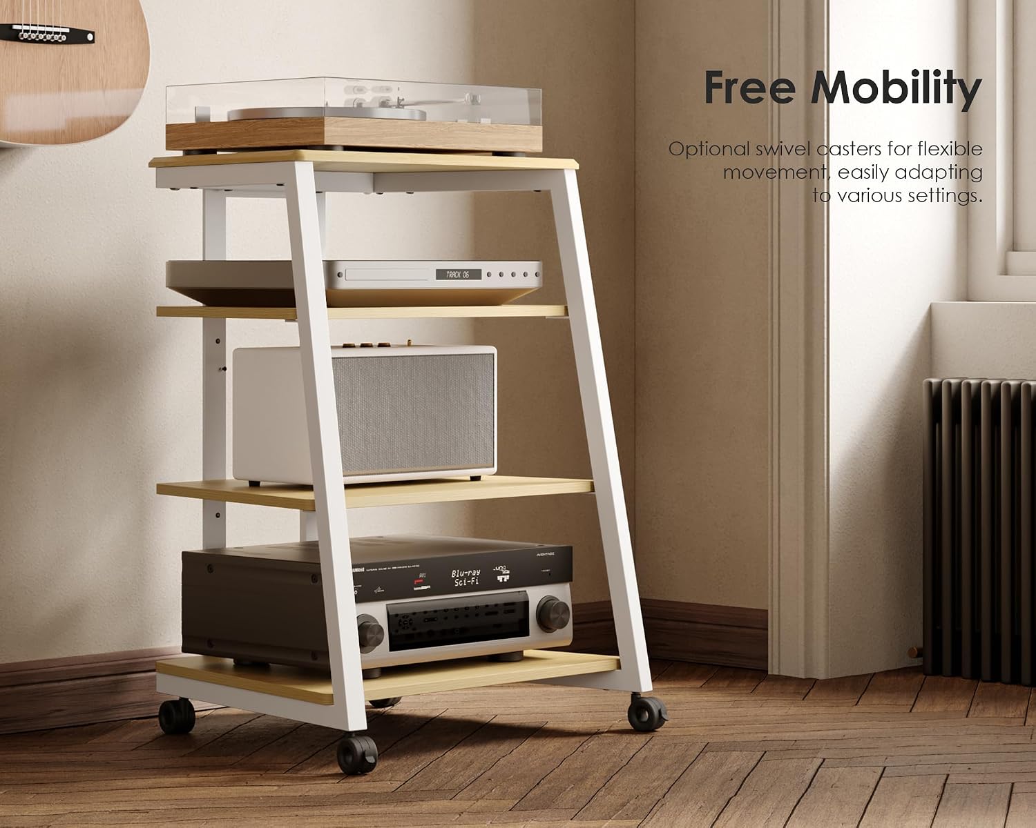 FITUEYES Design 4-Tier AV Media Stand Corner Shelf Stand Wooden Corner Shelves Component Cabinet Stereo Rack Audio Tower with Height Adjustable Wooden Shelves for ps4 (White Oak)