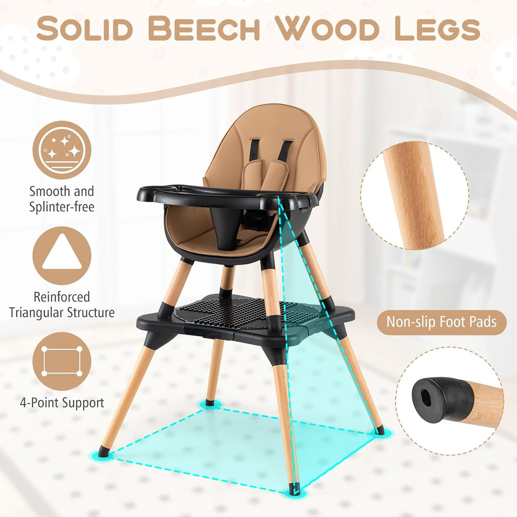 HONEY JOY Baby High Chair, 6-in-1 Convertible Wooden Highchair for Babies and Toddlers/Table Set/Toddler Chair with Safety Harness, 4-Position Removable Feeding Tray (Coffee)