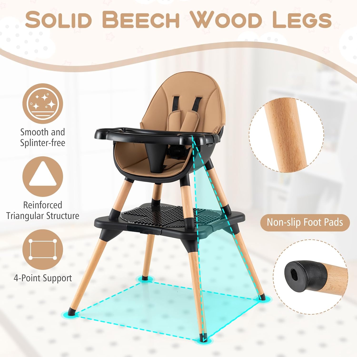 HONEY JOY Baby High Chair, 6-in-1 Convertible Wooden Highchair for Babies and Toddlers/Table Set/Toddler Chair with Safety Harness, 4-Position Removable Feeding Tray (Coffee)