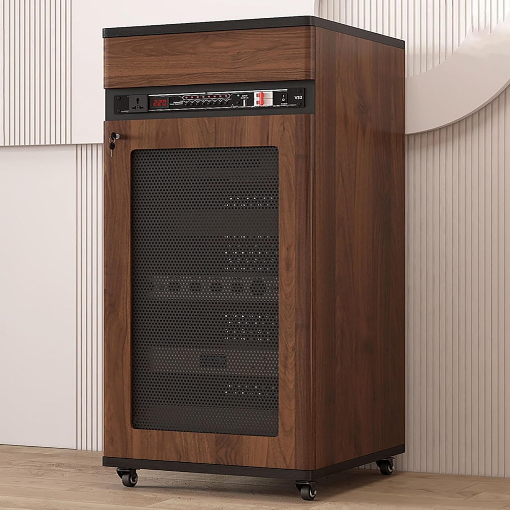 4 Tiers AV Media Stand Corner Shelf, Solid Wood Media Stand with Wheel, Media Storage Cabinet, AV Media Tower Stereo Cabinet, Floor-Standing Audio Rack, Stereo Rack with Drawer(Brown,52 * 55 * 108cm)