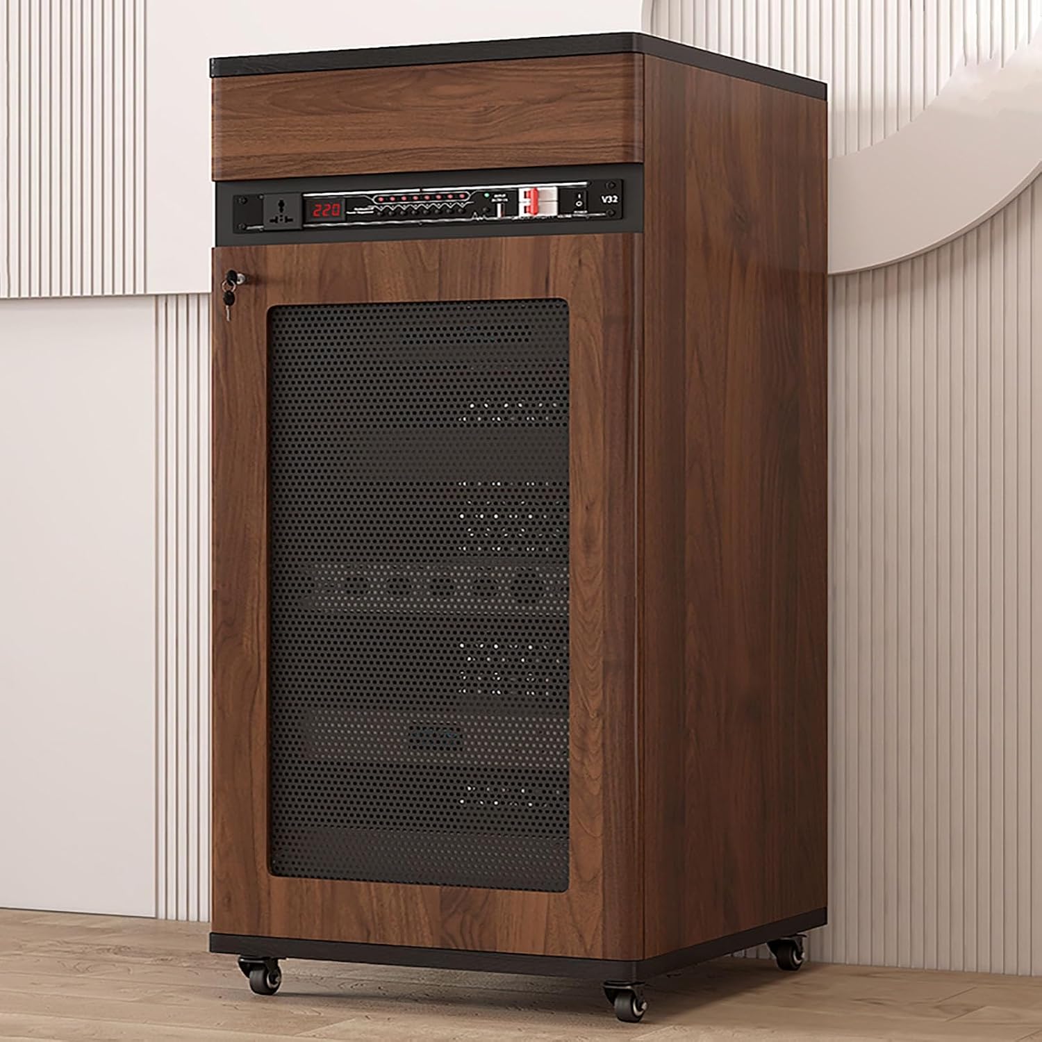 4 Tiers AV Media Stand Corner Shelf, Solid Wood Media Stand With Wheel, Media Storage Cabinet, AV Media Tower Stereo Cabinet, Floor-Standing Audio Rack, Stereo Rack With Drawer(Brown,52*55*90cm)