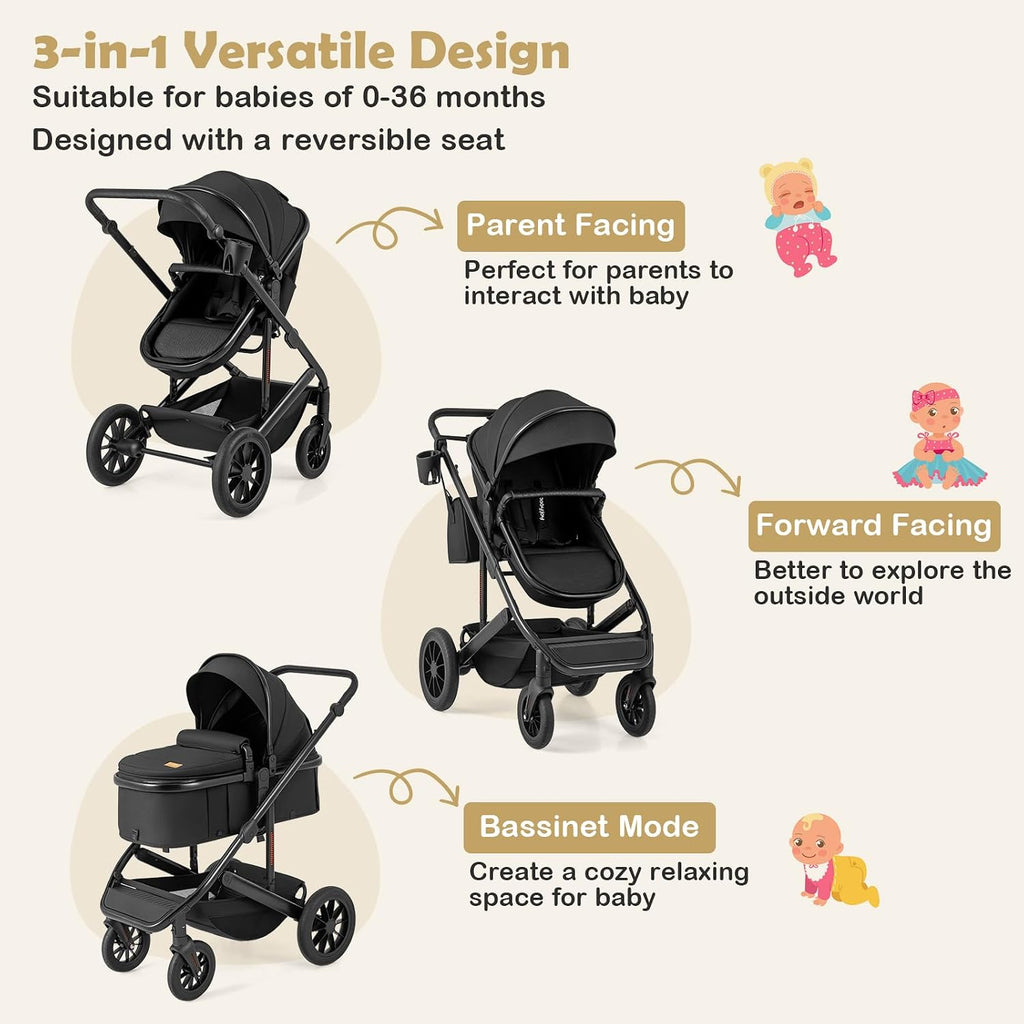 BABY JOY 2 in 1 Convertible Baby Stroller, High Landscape with Bassinet Mode, Reversible Seat, Adjustable Canopy, Cup Holder, Diaper Bag, Foldable Infant Newborn Pram Stroller for 0-36 Months (Black)