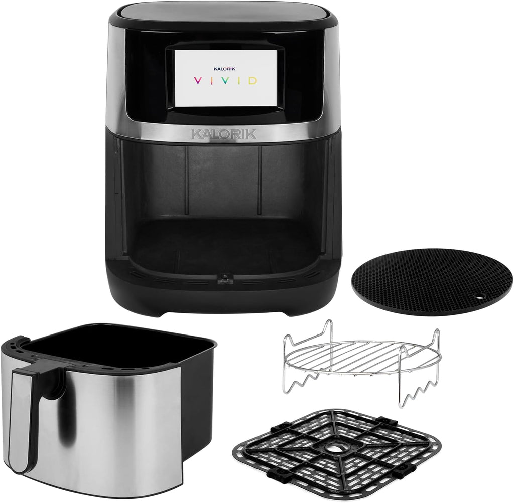 Kalorik Air Fryer VIVID Select Series, 7 Quart Capcity with Full Color Display and Touch Controls, 202 Presets in 12 Food Categories Includes Nonstick Basket & Trivet, 1500-Watts, Stainless Steel