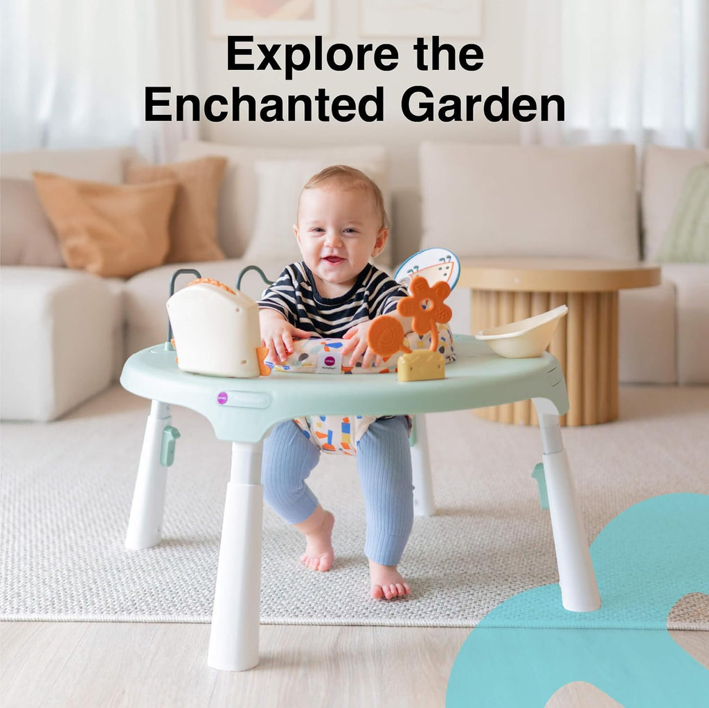 ORIBEL PortaPlay 3-in-1 Baby Activity Center & Play Table | Patented Bouncy Seat with Stable Foot Support | 5 Months+ | Convertible, Portable Design with Development-Focused Toys (Enchanted Garden)