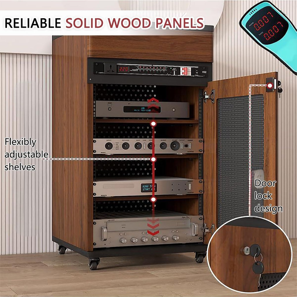4 Tiers AV Media Stand Corner Shelf, Solid Wood Media Stand With Wheel, Media Storage Cabinet, AV Media Tower Stereo Cabinet, Floor-Standing Audio Rack, Stereo Rack With Drawer (Black, 52*55*90cm)