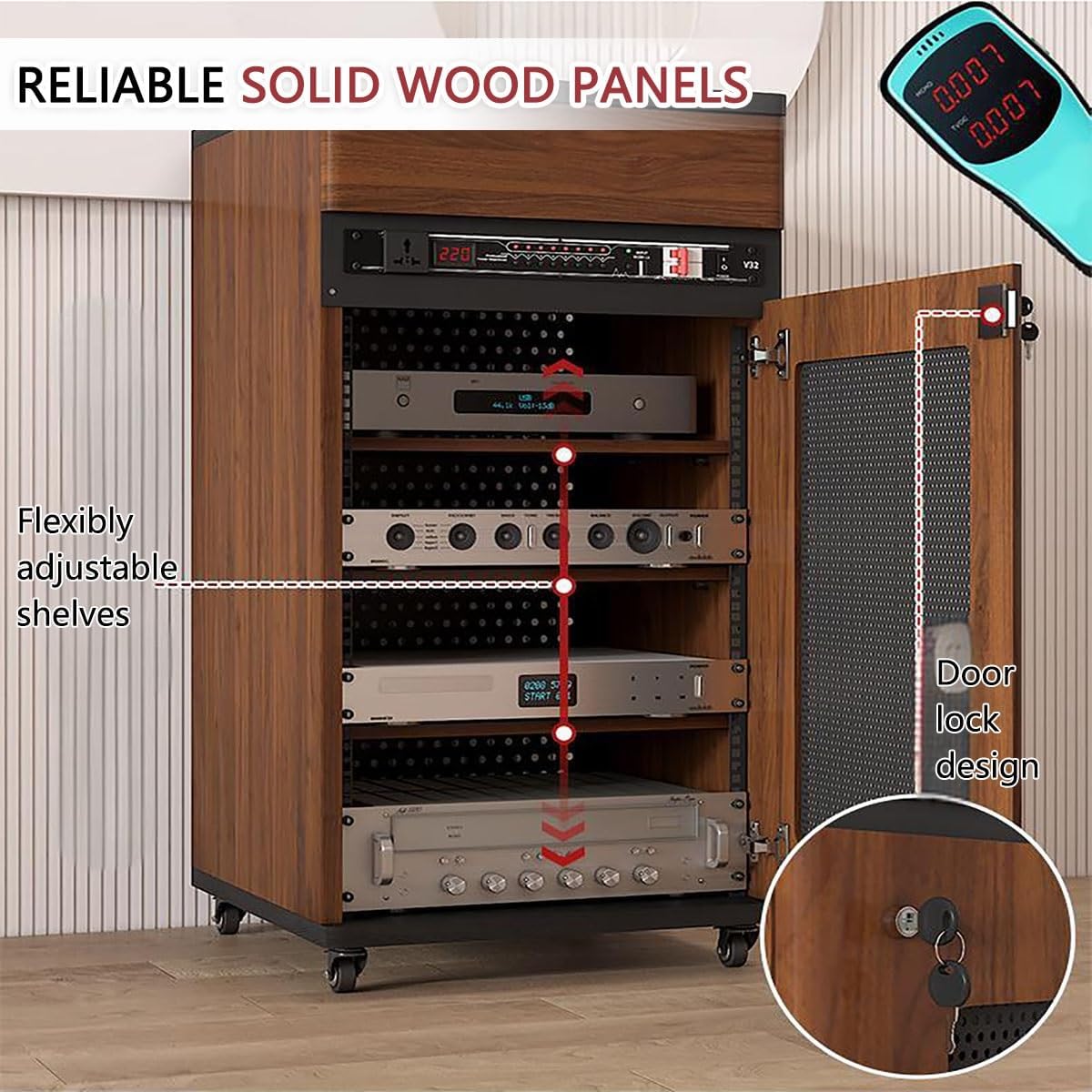 4 Tiers AV Media Stand Corner Shelf, Solid Wood Media Stand With Wheel, Media Storage Cabinet, AV Media Tower Stereo Cabinet, Floor-Standing Audio Rack, Stereo Rack With Drawer(Brown,52*55*90cm)