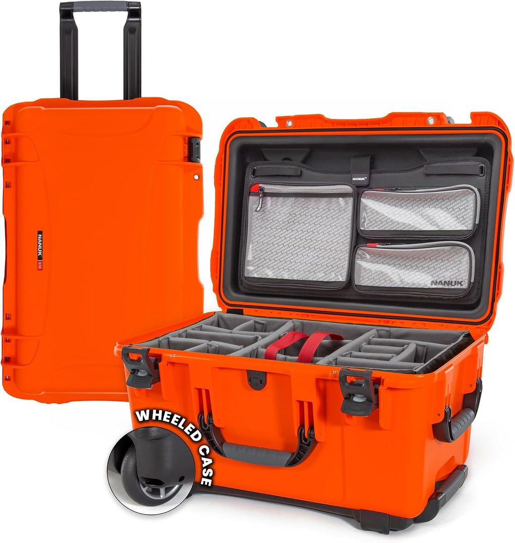 NANUK 938 Pro Photo Kit – Waterproof Travel Camera Hard Case with Padded Dividers and Wheels, 23.8' x 15.5' x 13.2', Dustproof and Impact-Resistant, Ideal for Heavy Loads – Orange