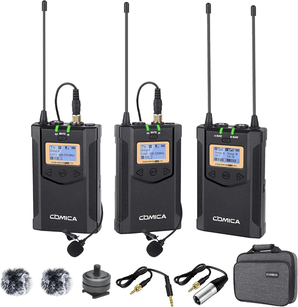 Wireless Lavalier Microphone, with Carrying Bag,Comica CVM-WM100 PLUS UHF 48 Channels Dual Lapel Microphone System for DSLR Cameras, XLR Camcorder, Phone, Lav Mic for Interview Youtube Video Shotting