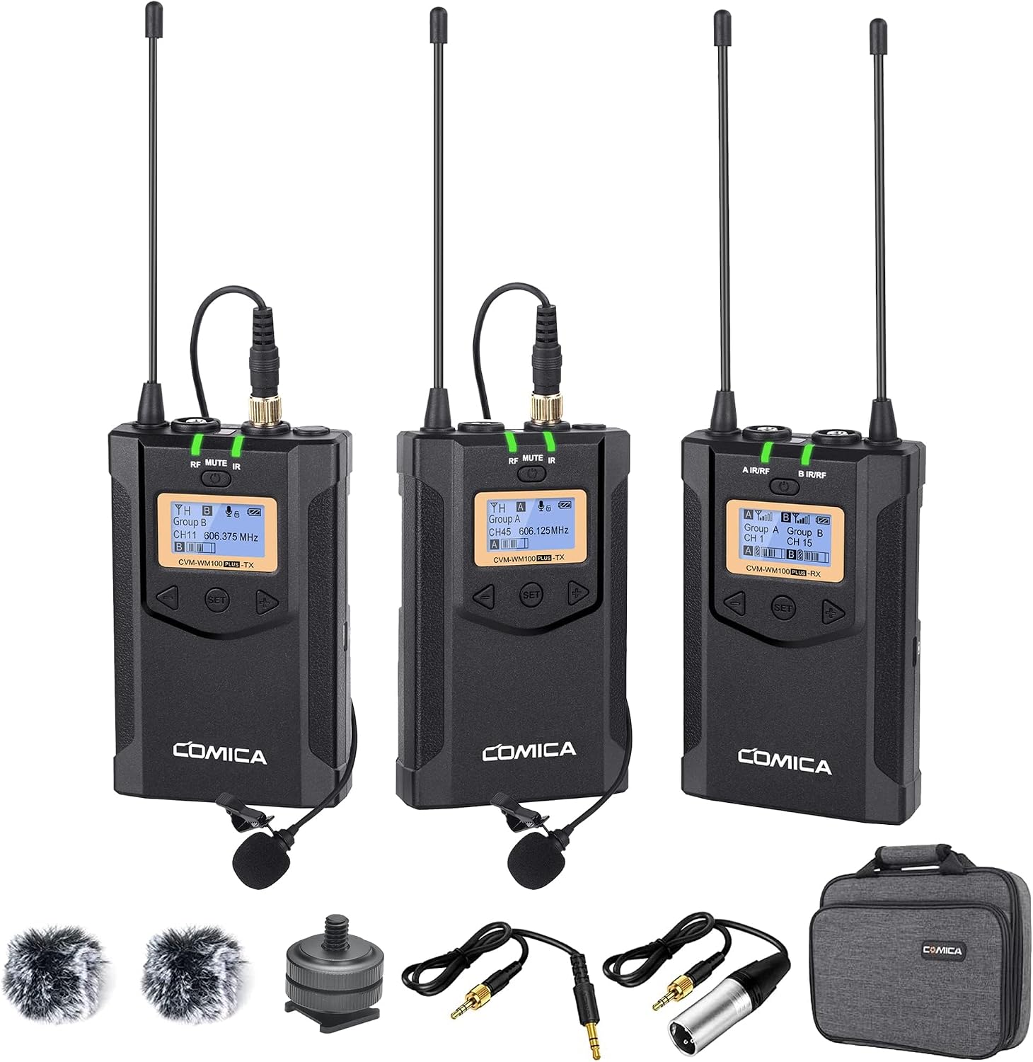 Wireless Lavalier Microphone, with Carrying Bag,Comica CVM-WM100 PLUS UHF 48 Channels Dual Lapel Microphone System for DSLR Cameras, XLR Camcorder, Phone, Lav Mic for Interview Youtube Video Shotting