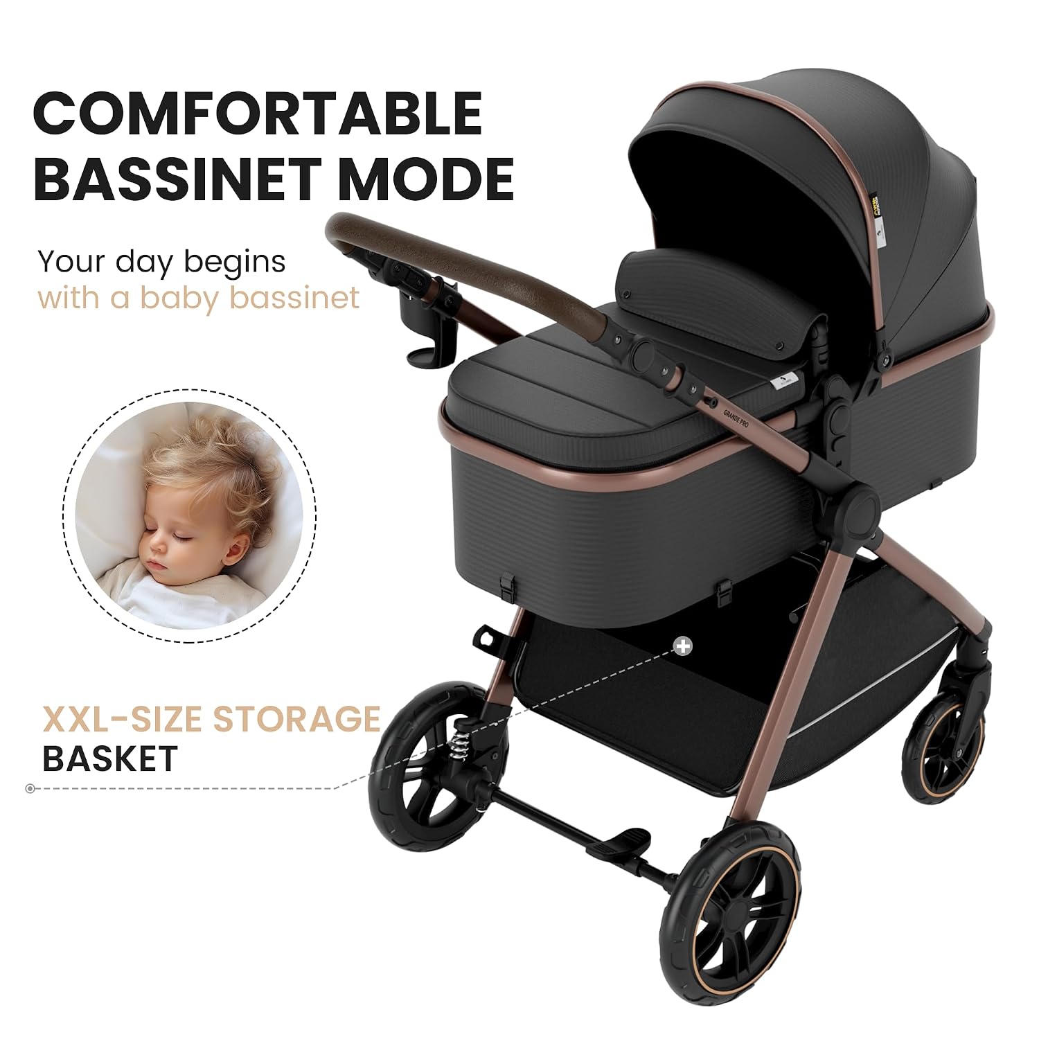 Accombe Baby Stroller, 2 in 1 Newborn Stroller Convertible Bassinet for Infant Toddler Pram with Footmuff (Copper)