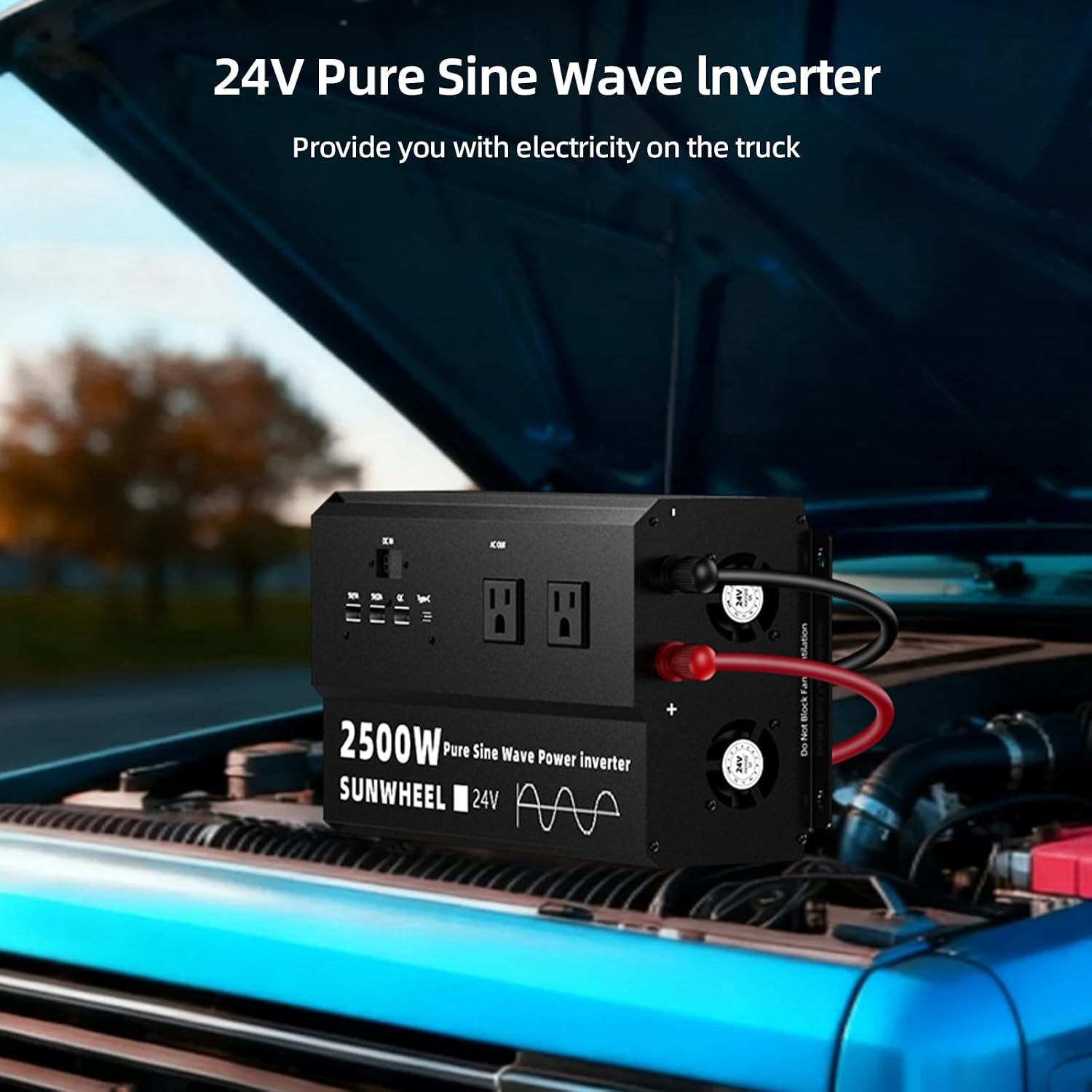 SUNWHEEL 2500W 24V Pure Sine Wave Inverter, 24V DC to 110V/120V AC Power Inverter for RV、Off Grid、Truck、Power Outage with 4 AC outlets and LCD Display