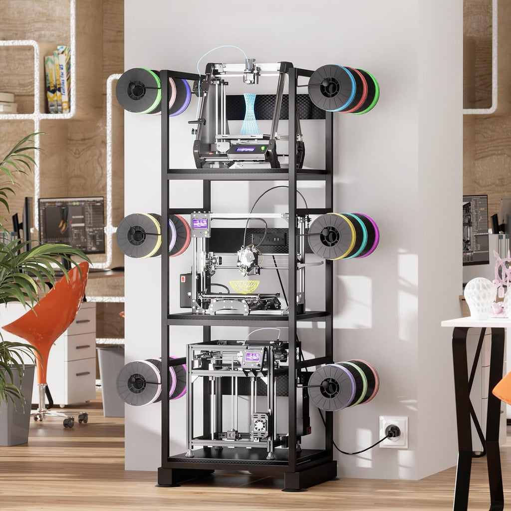 3DPrinter Stand with Filament Storage,3D Printer Rack with Power Outlet,Heavy-Duty 3D Print Storage Shelf for ABS/PLA/TPU Filament Spools,Perfect for 3D Printing Workshops,Carbon Fiber Black