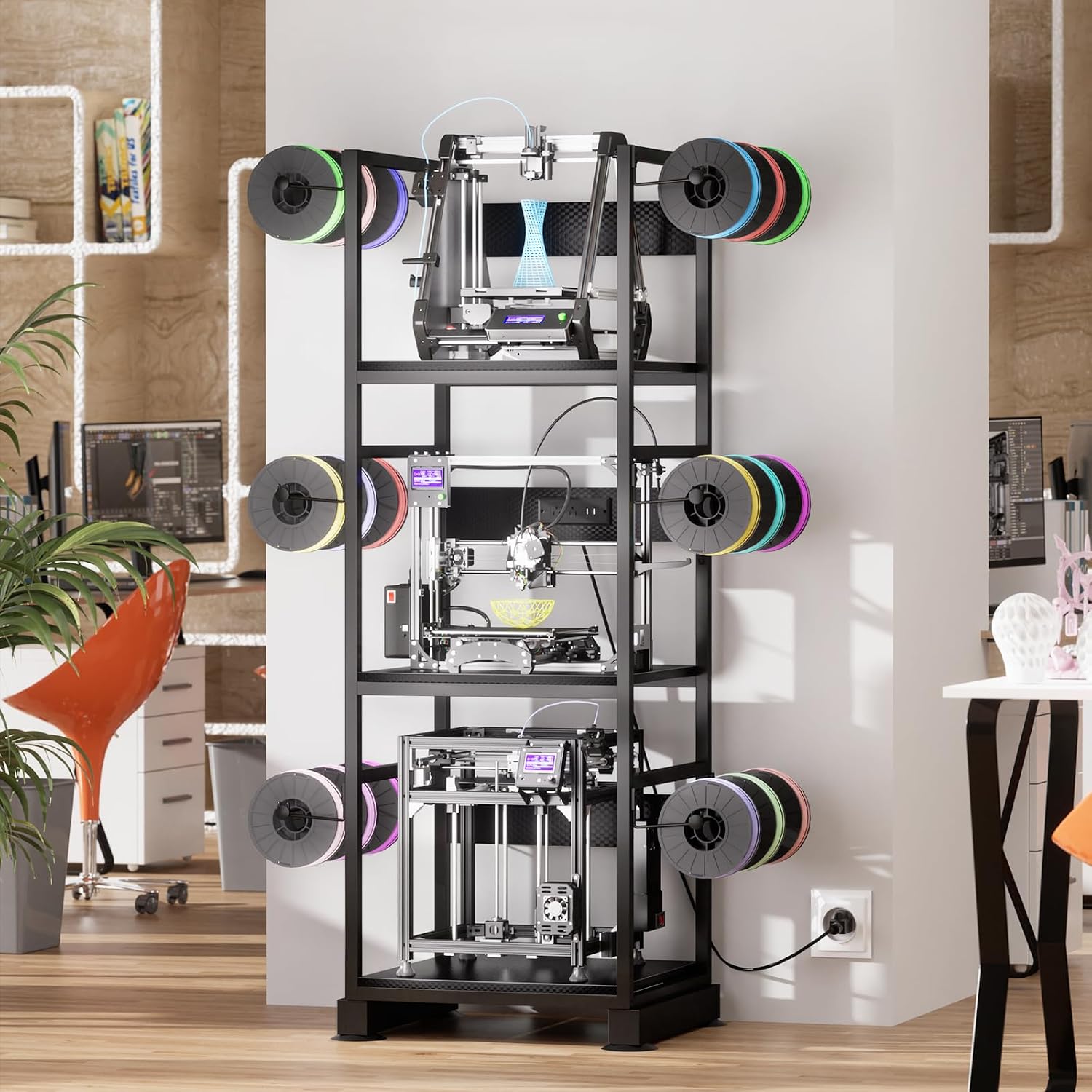 3DPrinter Stand with Filament Storage,3D Printer Rack with Power Outlet,Heavy-Duty 3D Print Storage Shelf for ABS/PLA/TPU Filament Spools,Perfect for 3D Printing Workshops,Carbon Fiber Black