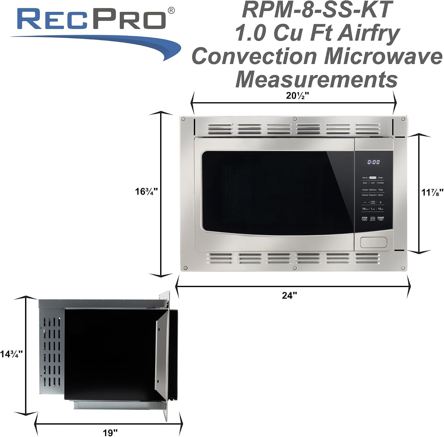 RecPro RV Kitchen Air Fryer & Convection Microwave with Trim Kit | 1.0 Cu. Ft. | 120V | 6 Cooking Modes (Stainless Steel)