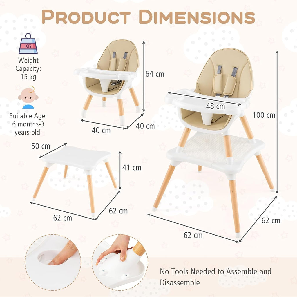 HONEY JOY Baby High Chair, 6-in-1 Convertible Wooden Highchair for Babies and Toddlers/Table Set/Toddler Chair with Safety Harness, 4-Position Removable Feeding Tray (Khaki)