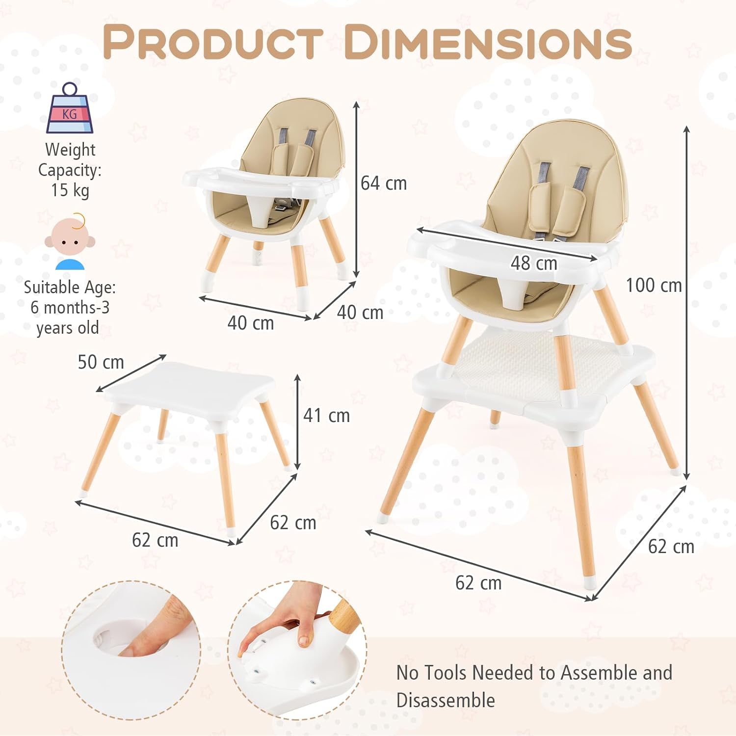 HONEY JOY Baby High Chair, 6-in-1 Convertible Wooden Highchair for Babies and Toddlers/Table Set/Toddler Chair with Safety Harness, 4-Position Removable Feeding Tray (Khaki)